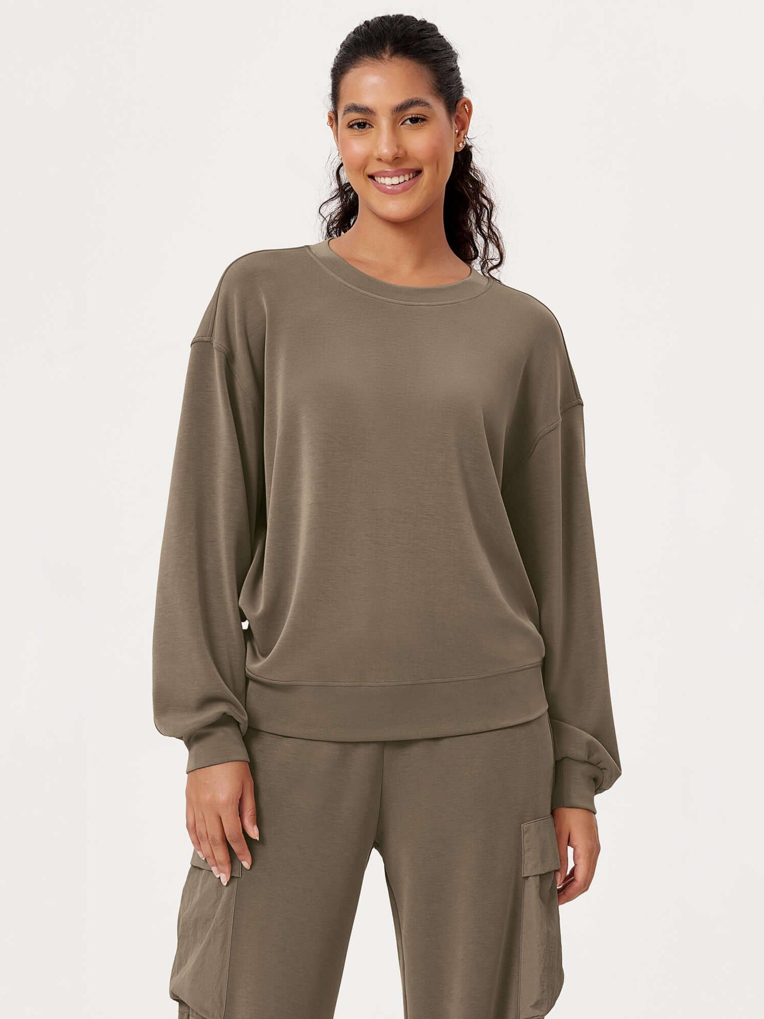 Modal Soft Oversized Crew Neck Sweatshirts Espresso - ododos
