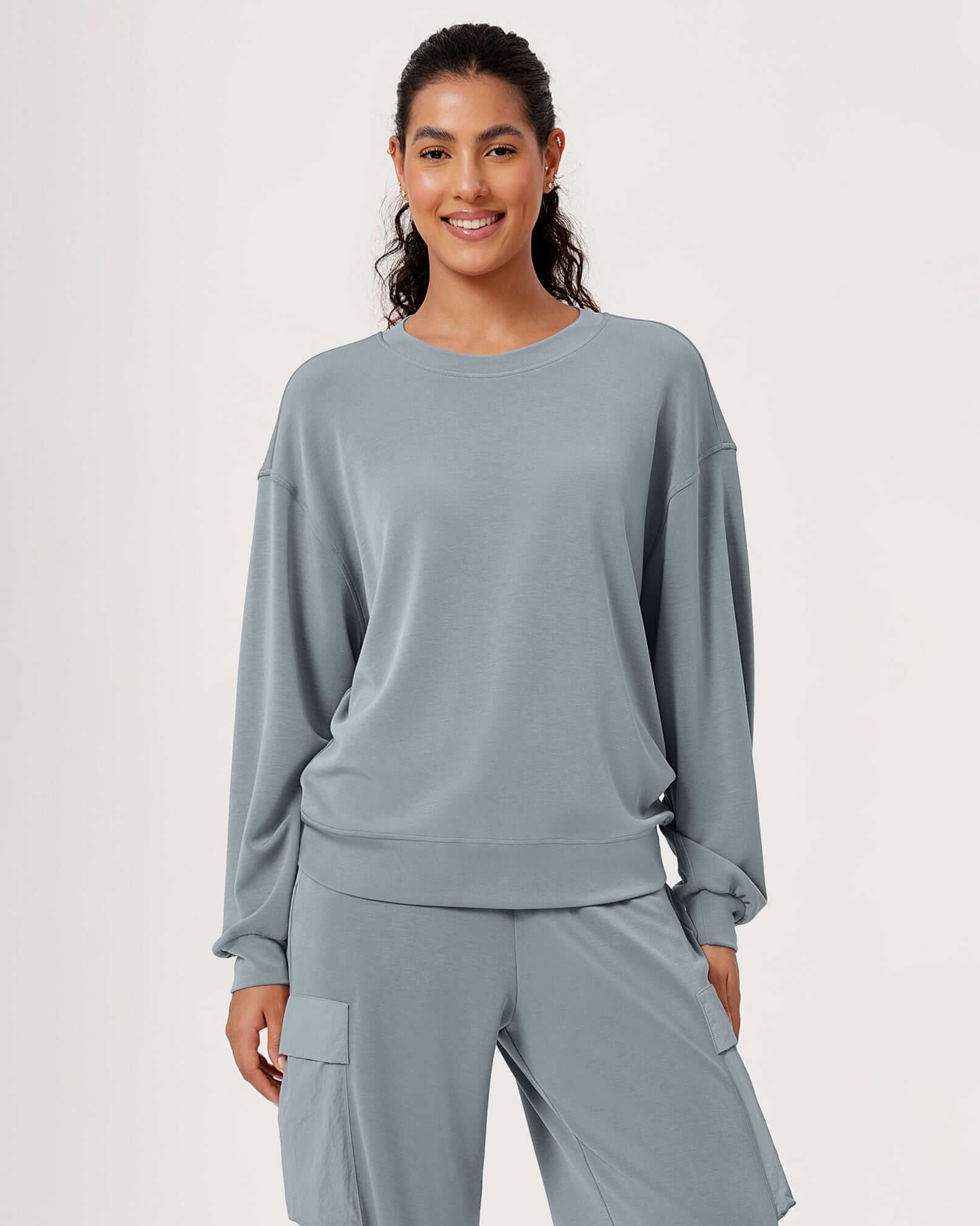 Modal Soft Oversized Crew Neck Sweatshirts Grey Blue - ododos