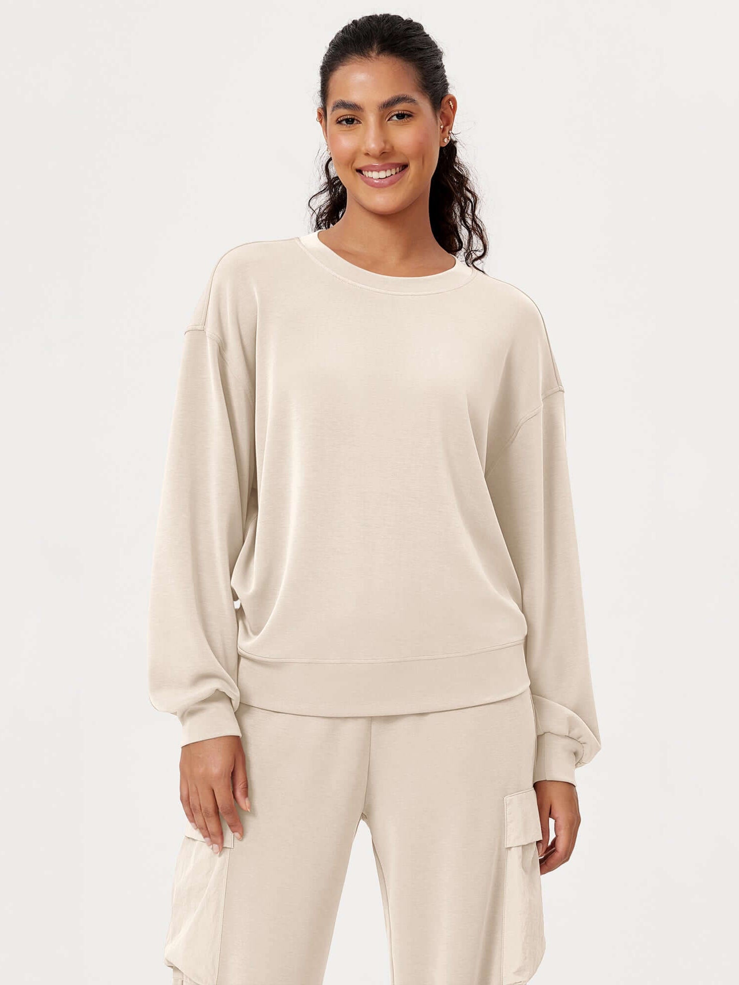 Modal Soft Oversized Crew Neck Sweatshirts Ivory - ododos