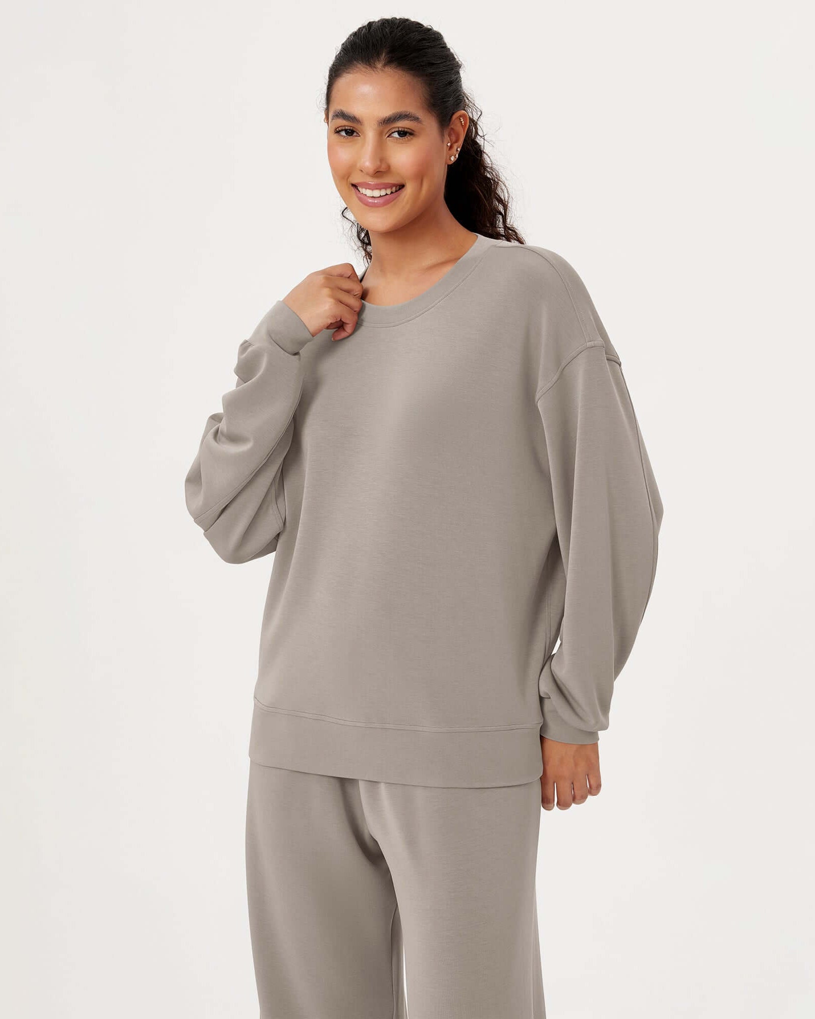 Modal Soft Oversized Crew Neck Sweatshirts Khaki - ododos