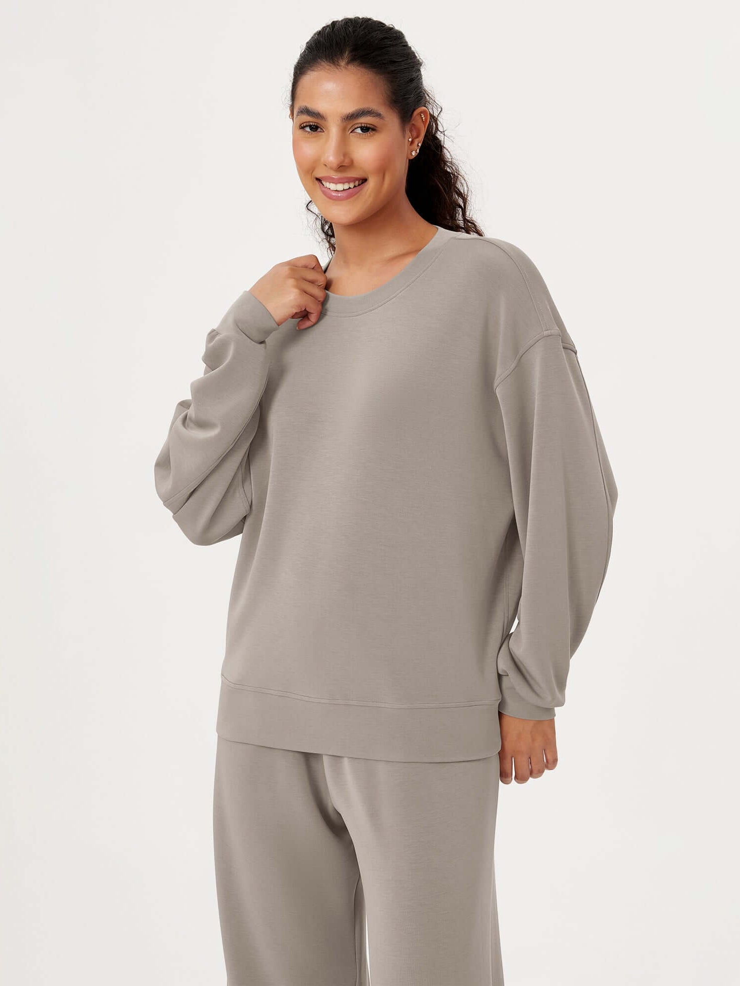 Modal Soft Oversized Crew Neck Sweatshirts Khaki - ododos