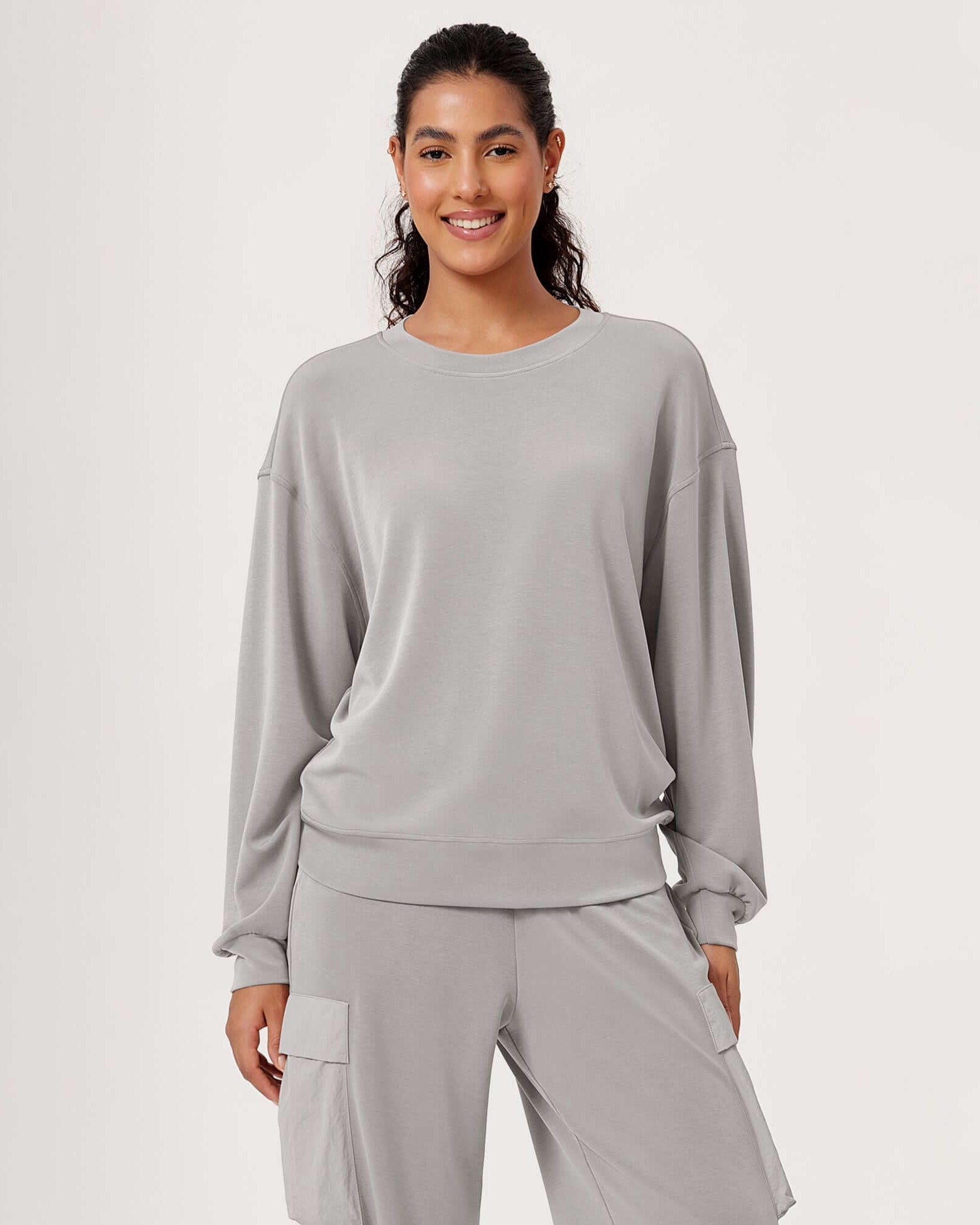 Modal Soft Oversized Crew Neck Sweatshirts Light Gray - ododos