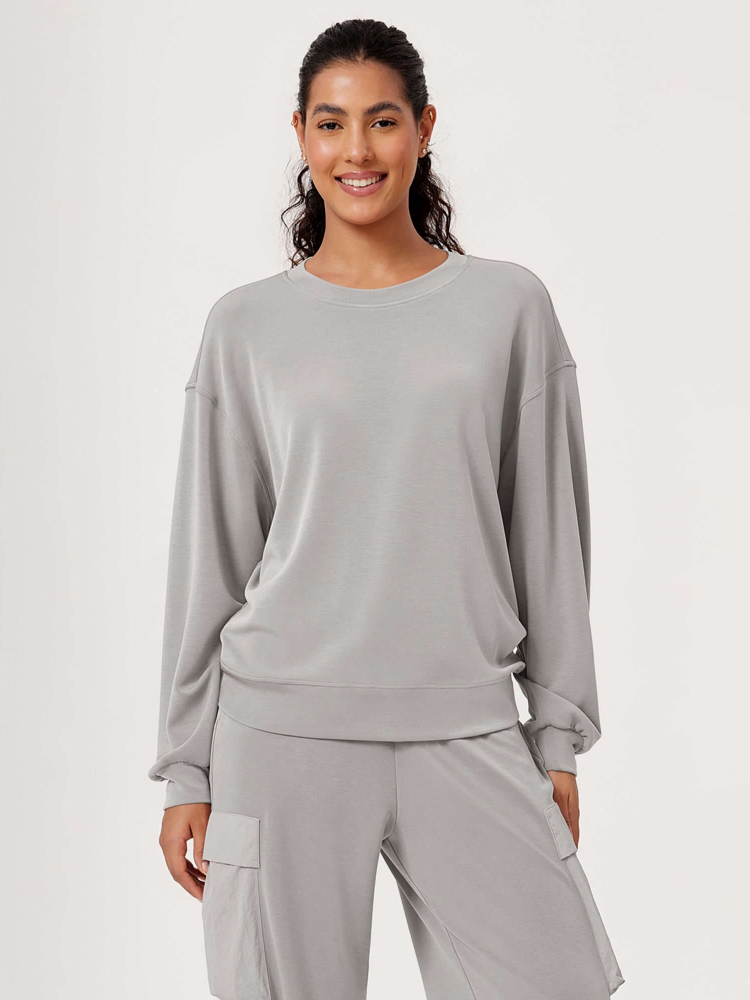 Modal Soft Oversized Crew Neck Sweatshirts Light Gray - ododos