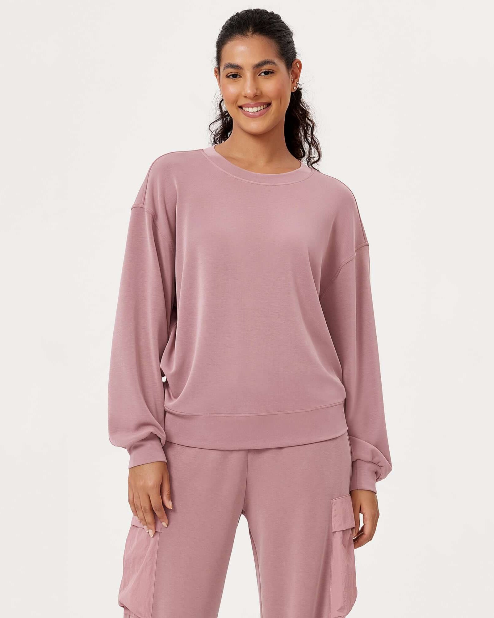 Modal Soft Oversized Crew Neck Sweatshirts Light Pink - ododos
