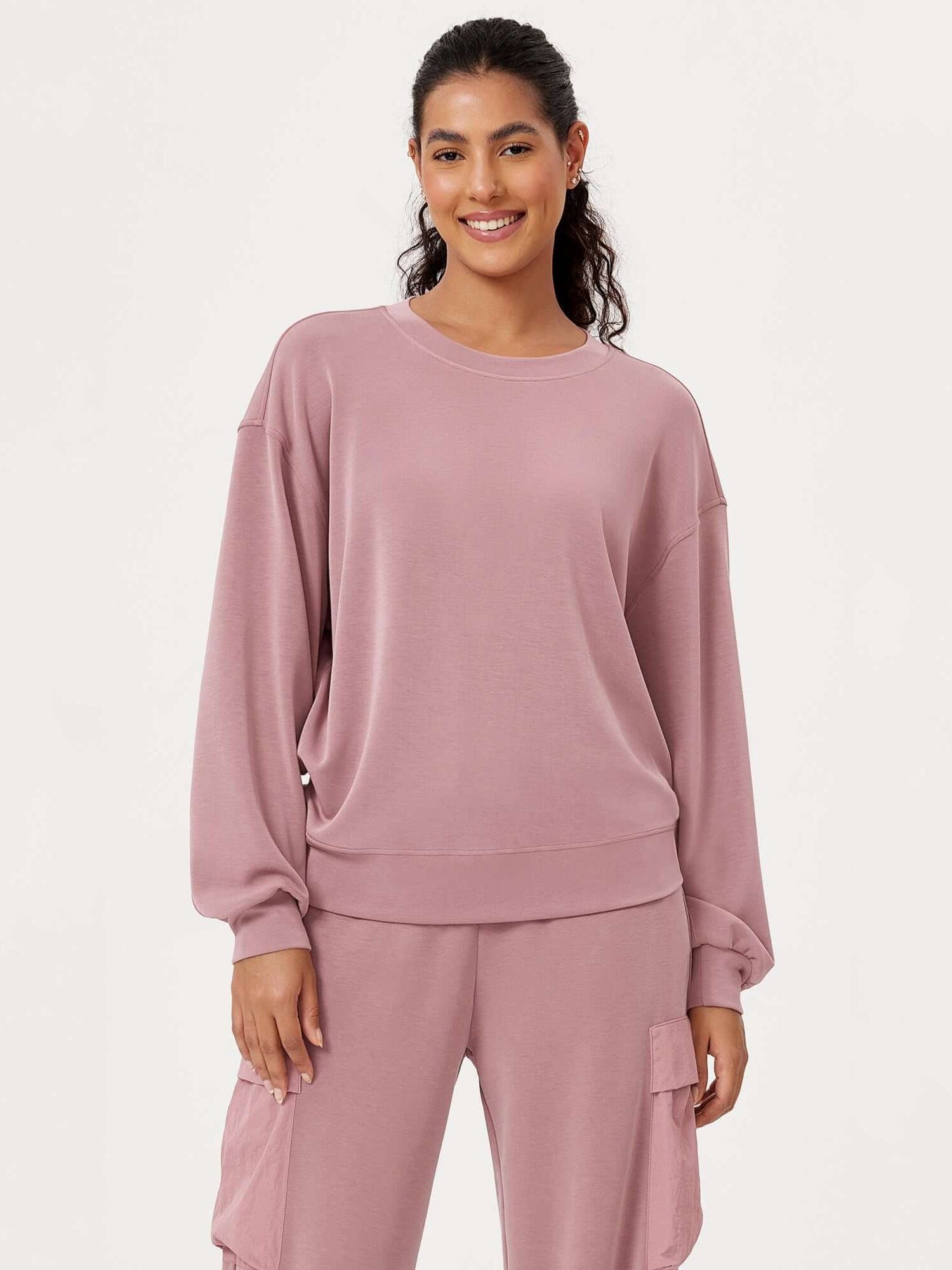 Modal Soft Oversized Crew Neck Sweatshirts Light Pink - ododos
