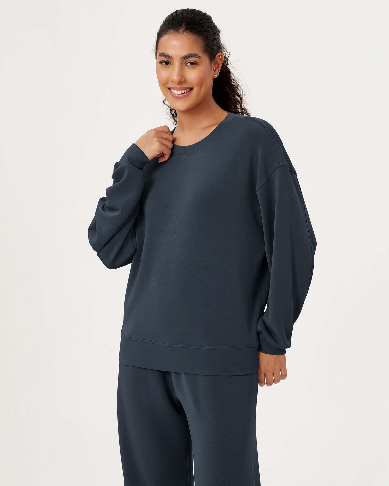 Modal Soft Oversized Crew Neck Sweatshirts Navy - ododos