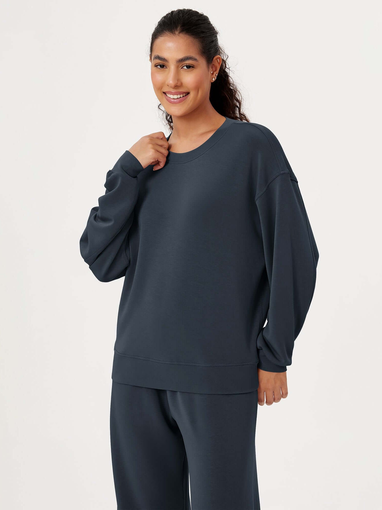 Modal Soft Oversized Crew Neck Sweatshirts Navy - ododos