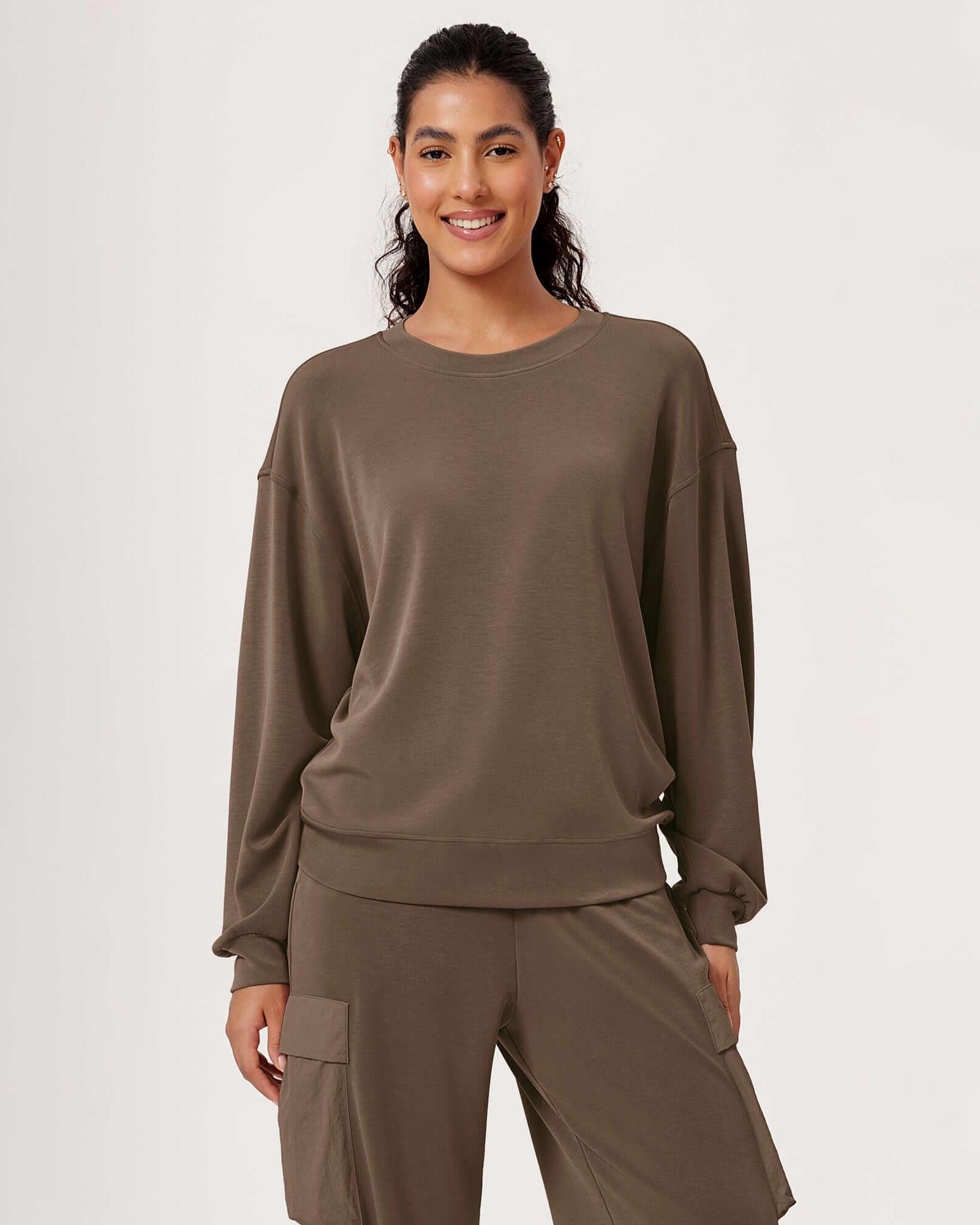 Modal Soft Oversized Crew Neck Sweatshirts Nutria - ododos
