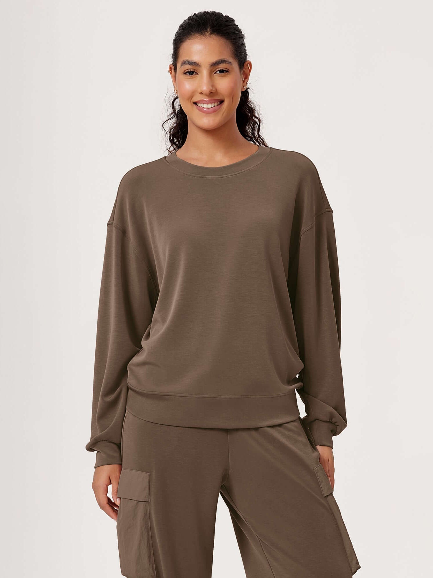 Modal Soft Oversized Crew Neck Sweatshirts Nutria - ododos