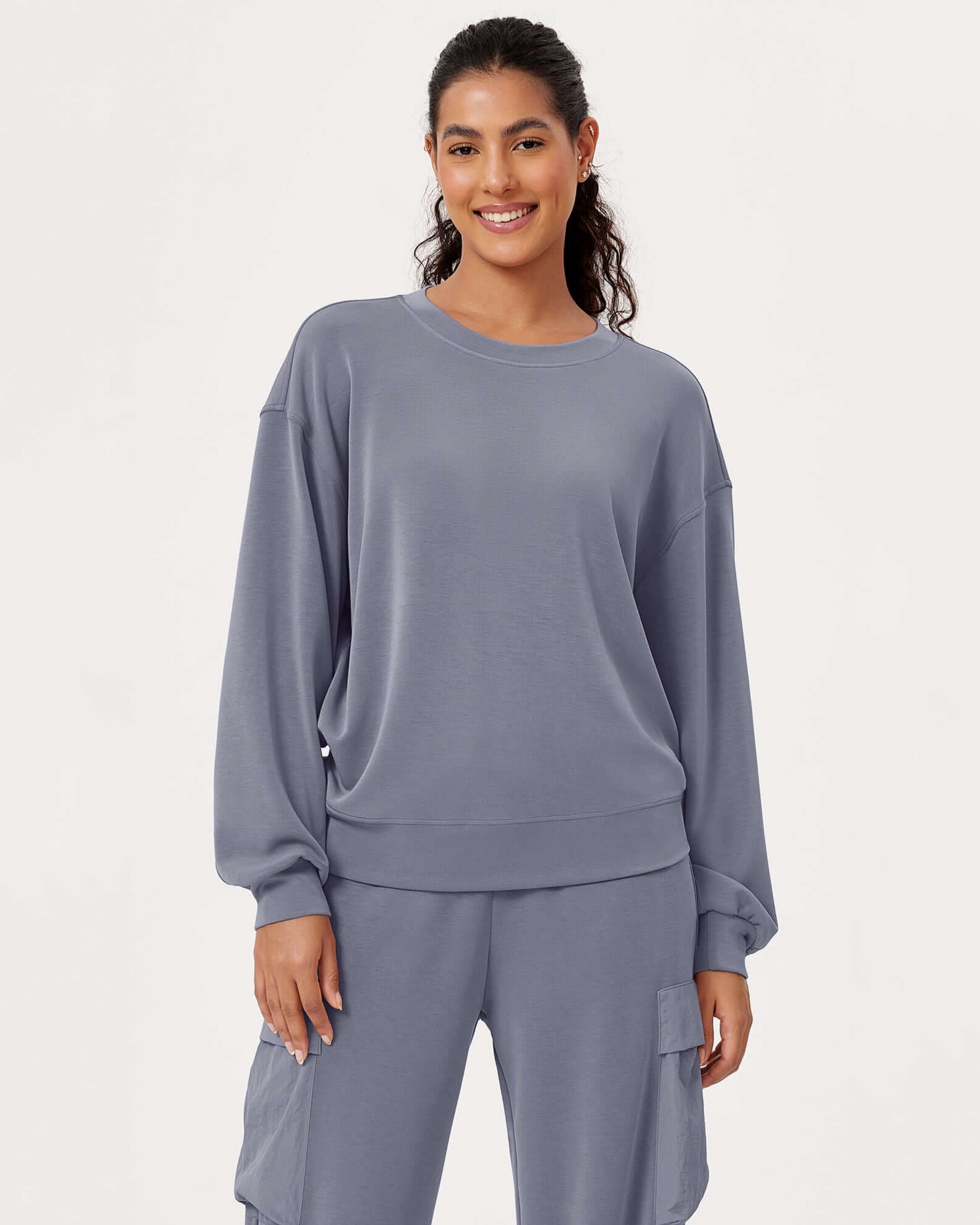 Modal Soft Oversized Crew Neck Sweatshirts Purple Gray - ododos