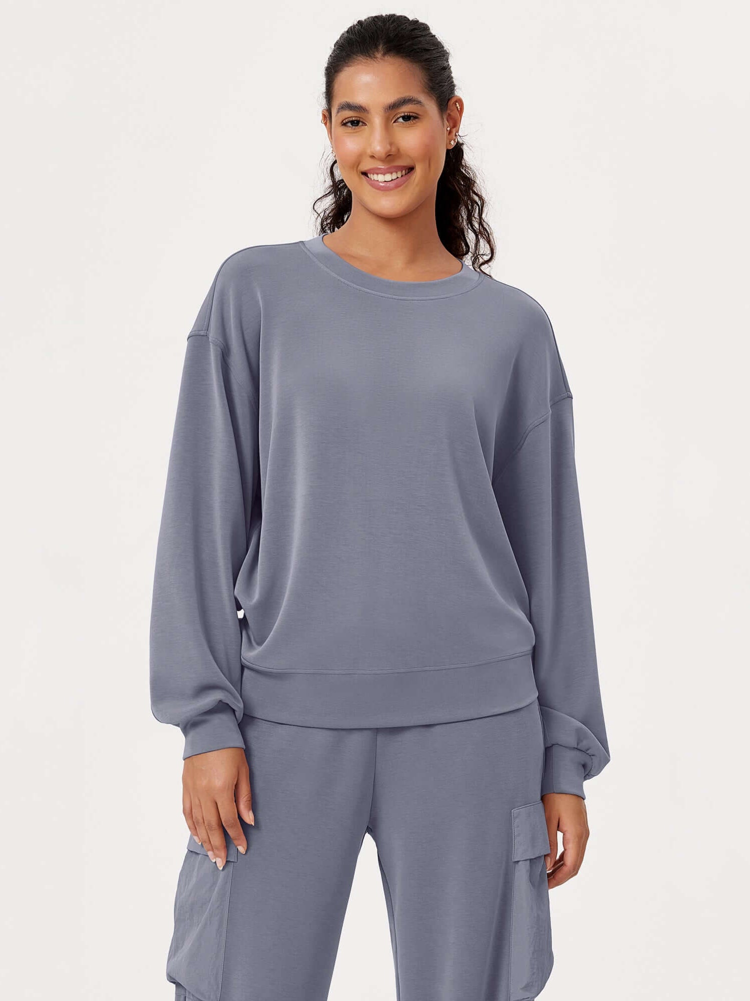 Modal Soft Oversized Crew Neck Sweatshirts Purple Gray - ododos