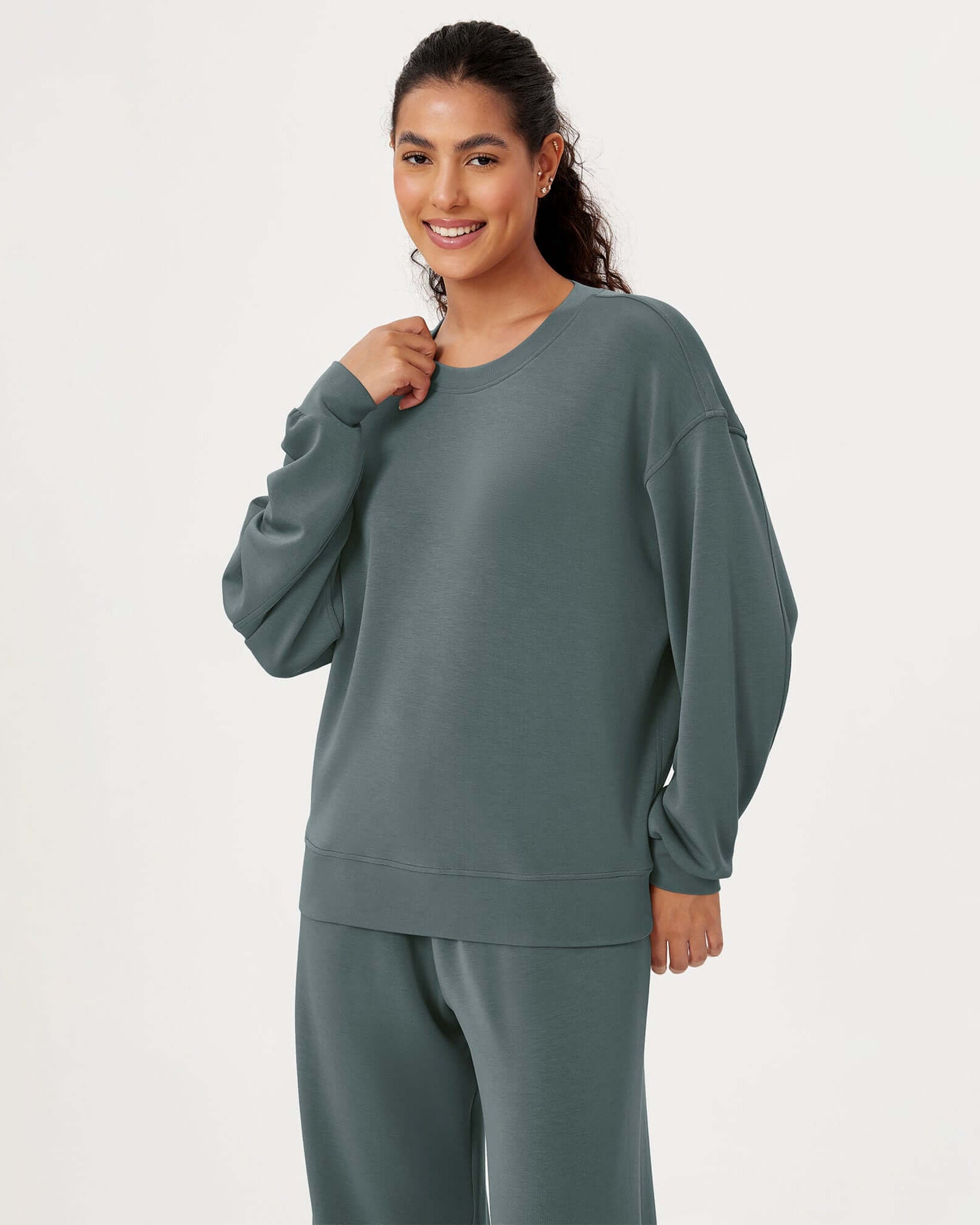 Modal Soft Oversized Crew Neck Sweatshirts Slate Green - ododos