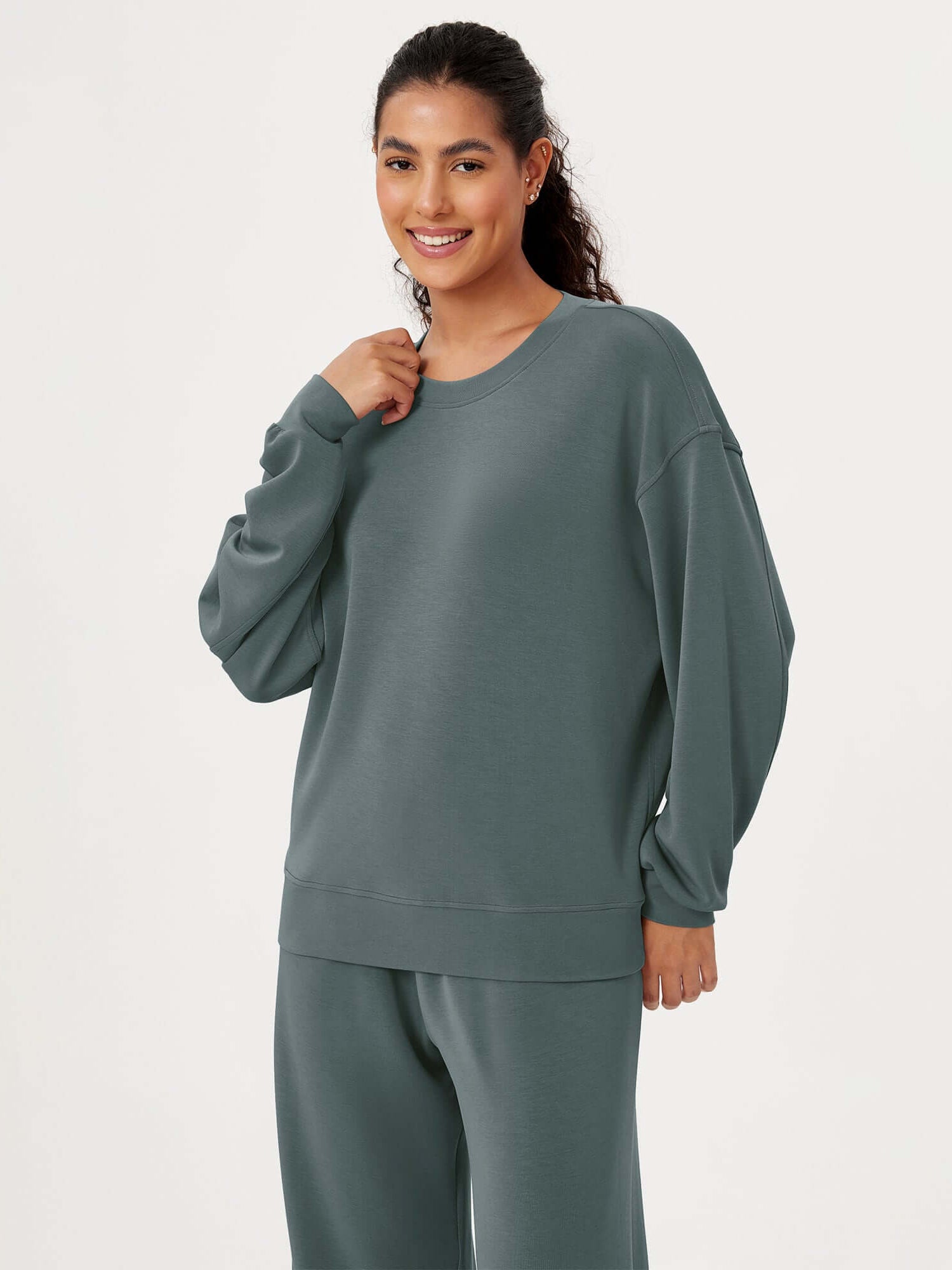Modal Soft Oversized Crew Neck Sweatshirts Slate Green - ododos