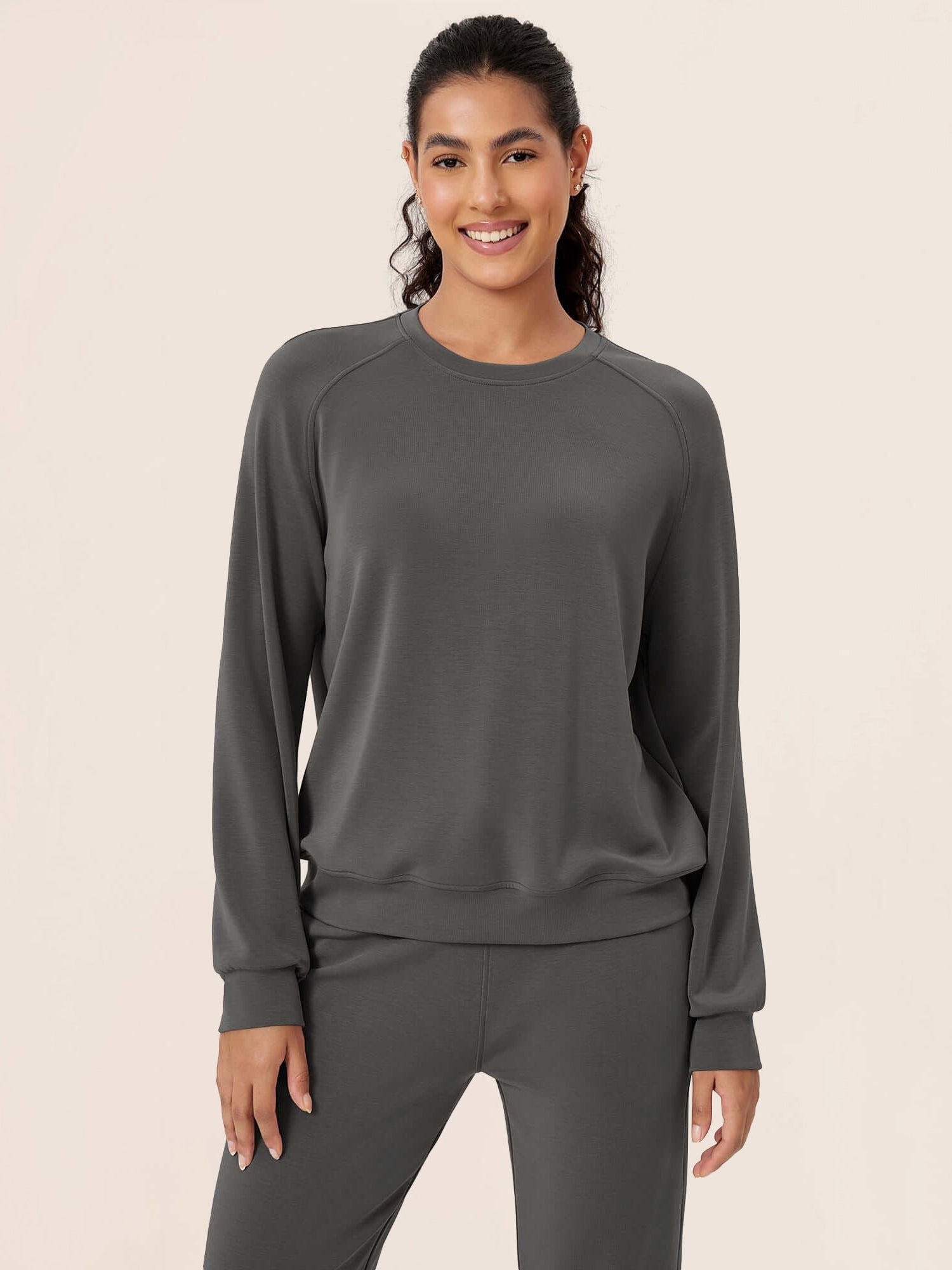 Modal Soft Raglan Long Sleeves Sweatshirts Charcoal - ododos