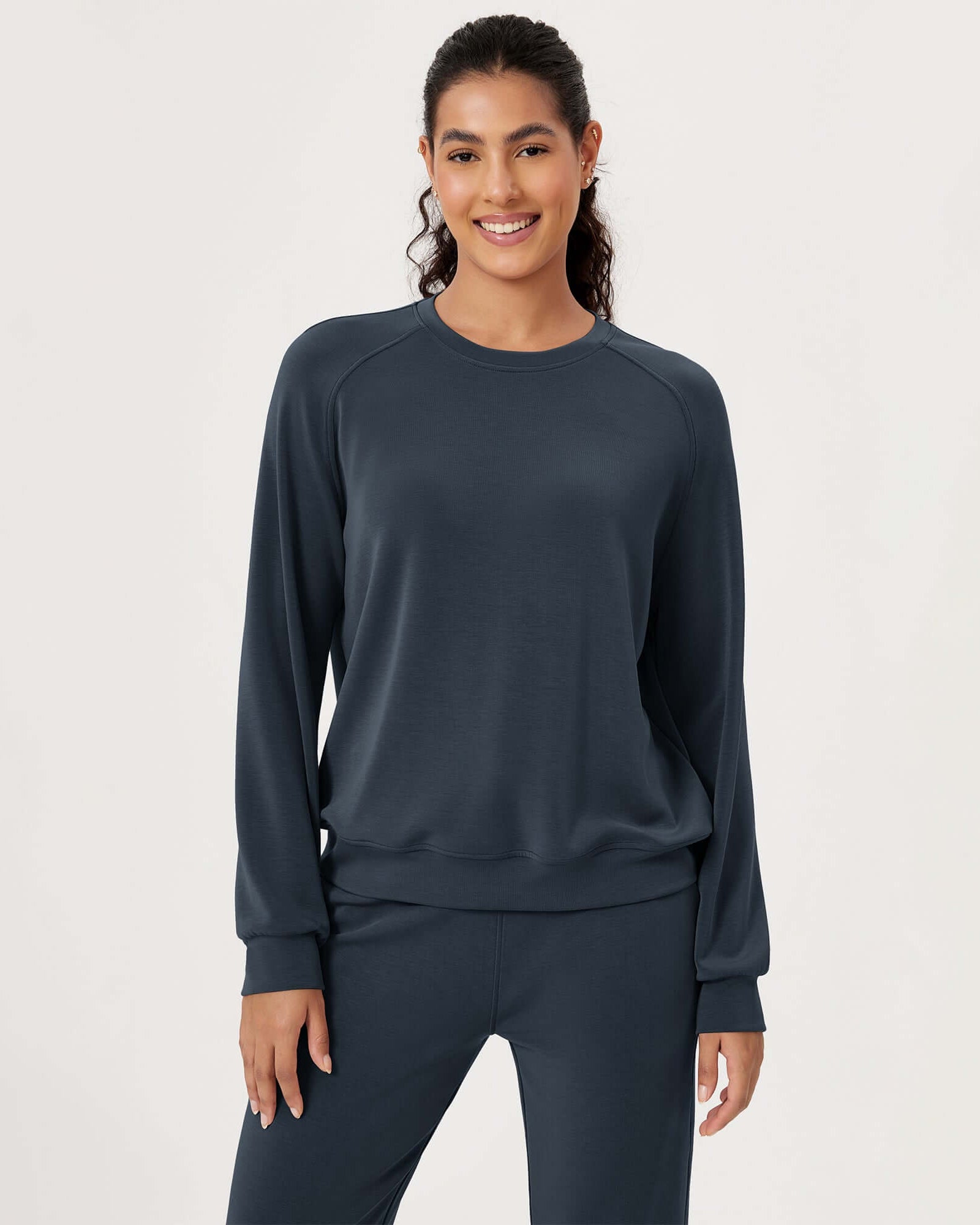Modal Soft Raglan Long Sleeves Sweatshirts Navy - ododos
