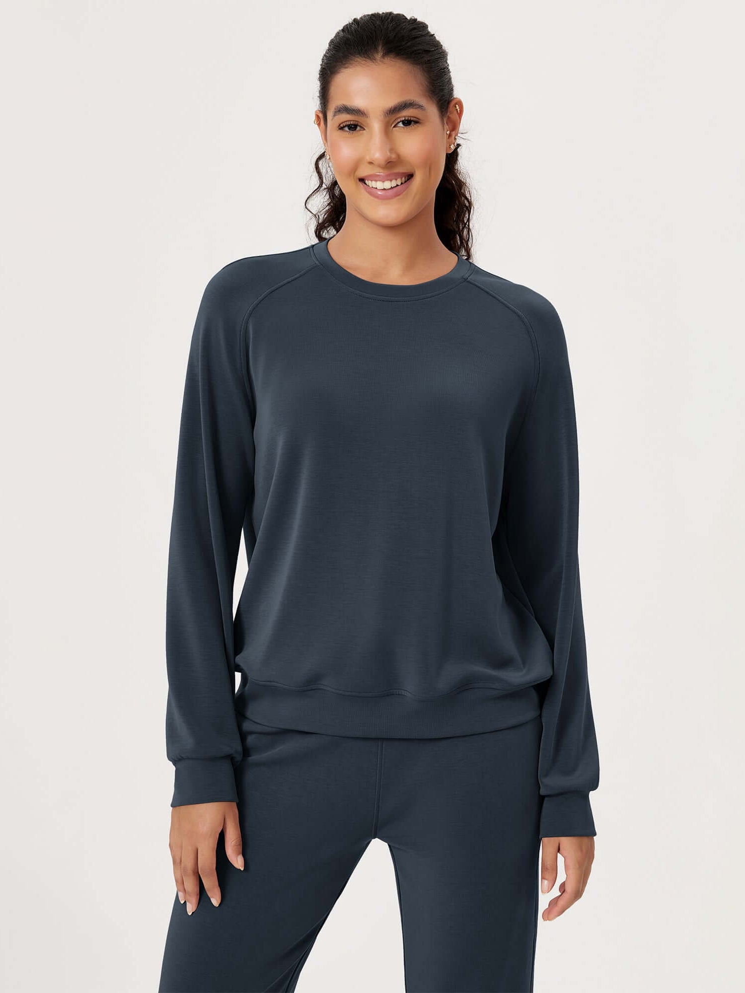 Modal Soft Raglan Long Sleeves Sweatshirts Navy - ododos