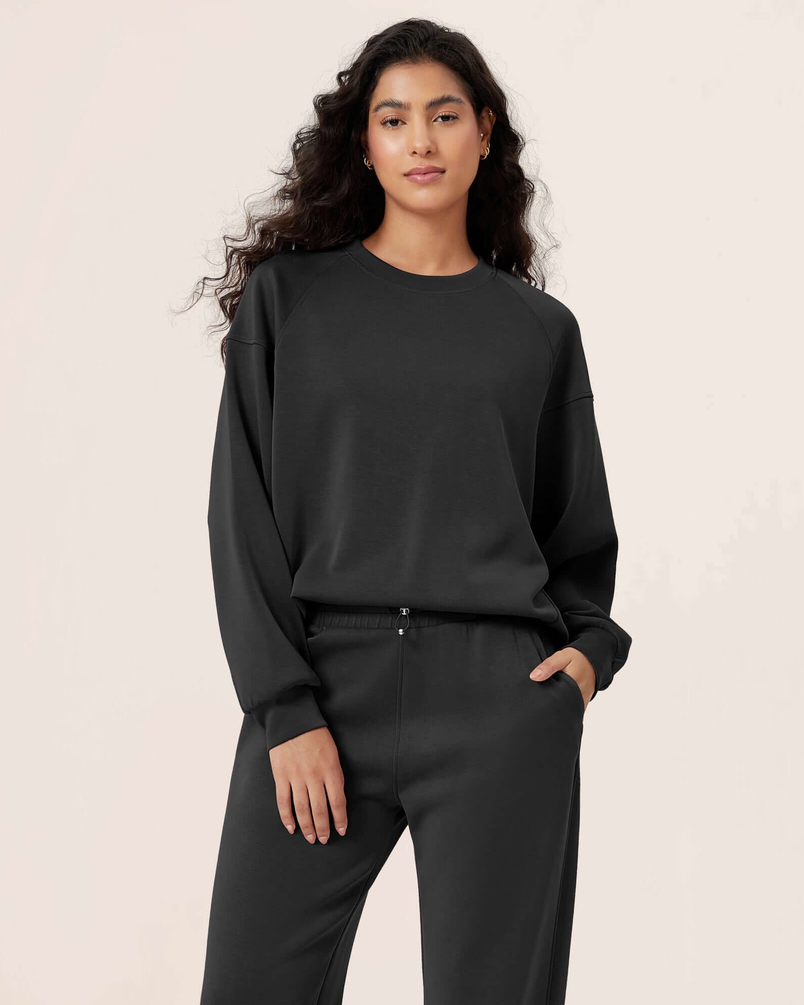 Modal Soft Oversized Raglan Crew Neck Relaxed Sweatshirts Pullover Black - ododos