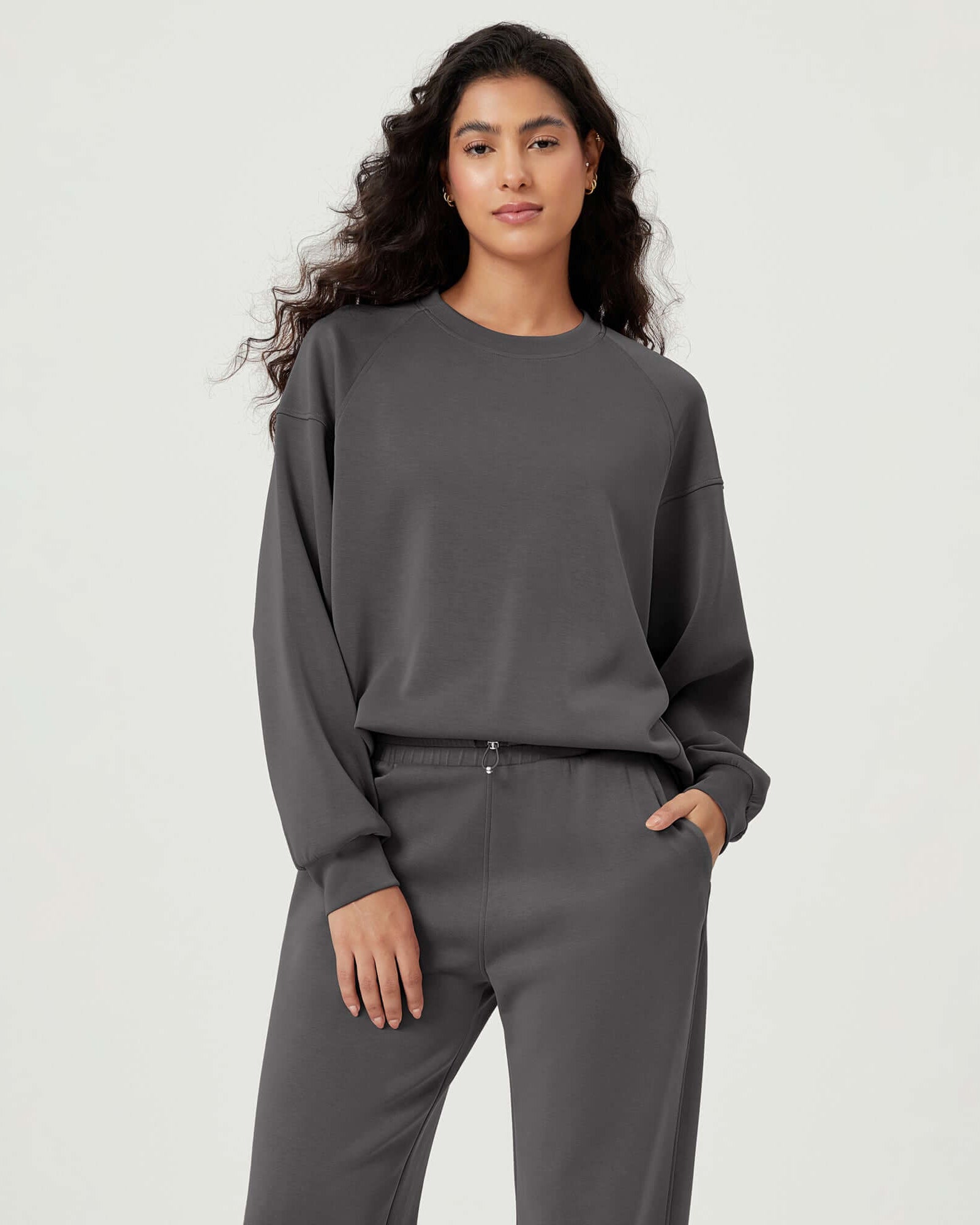 Modal Soft Oversized Raglan Crew Neck Relaxed Sweatshirts Pullover Charcoal - ododos