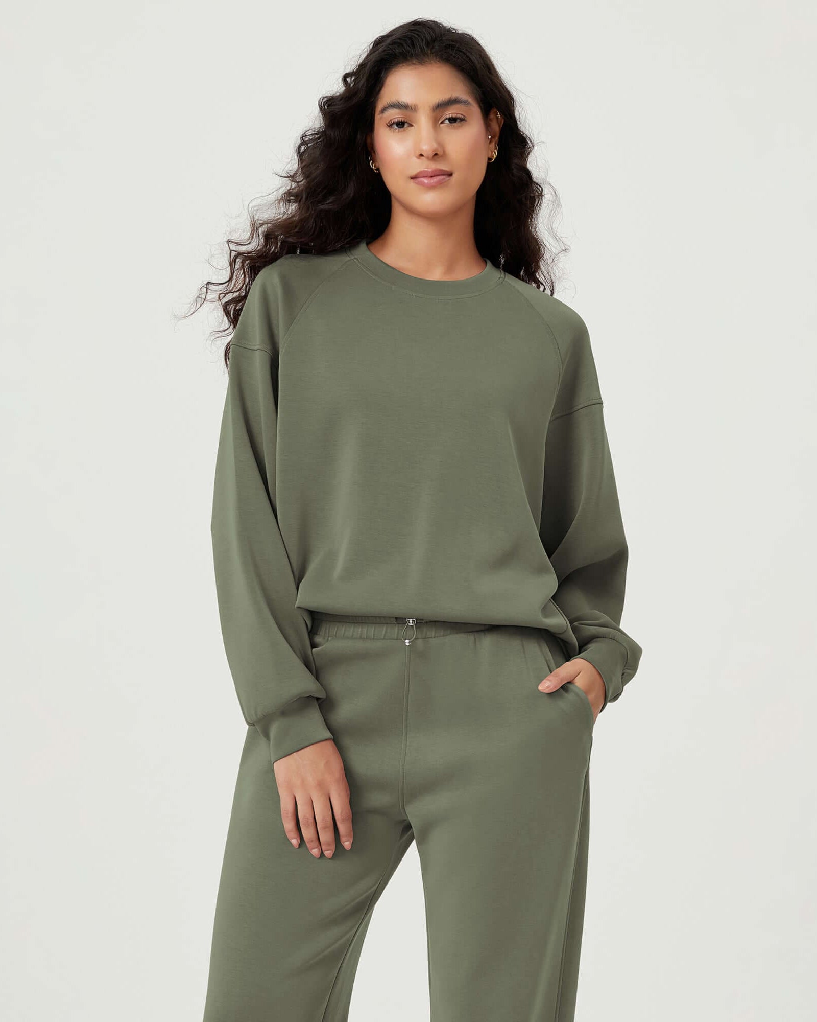 Modal Soft Oversized Raglan Crew Neck Relaxed Sweatshirts Pullover Dark Sage - ododos