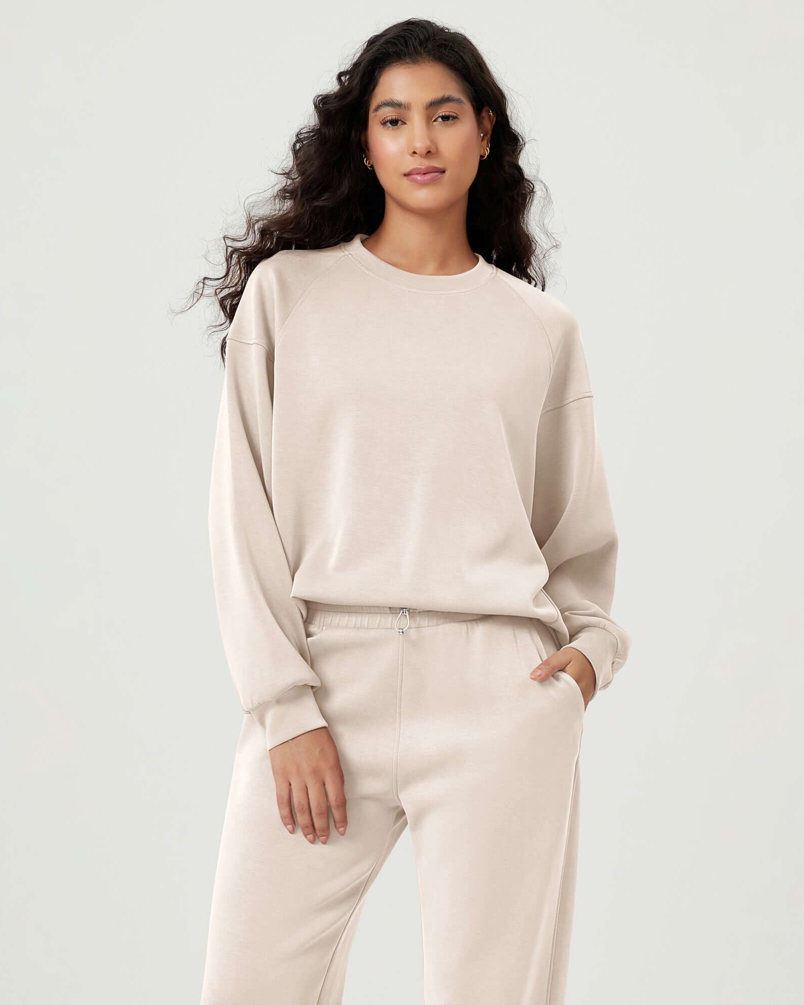 Modal Soft Oversized Raglan Crew Neck Relaxed Sweatshirts Pullover Ivory - ododos
