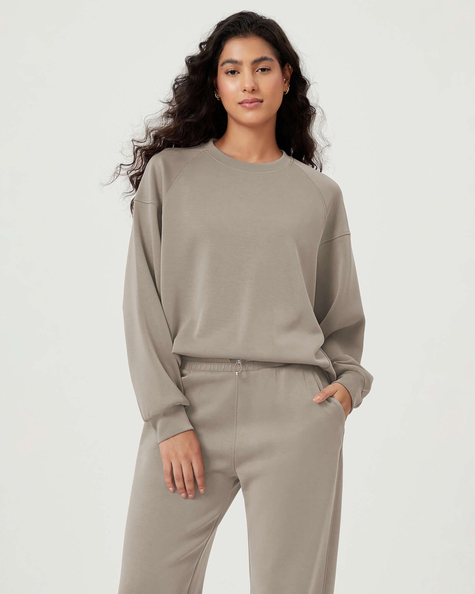 Modal Soft Oversized Raglan Crew Neck Relaxed Sweatshirts Pullover Khaki - ododos