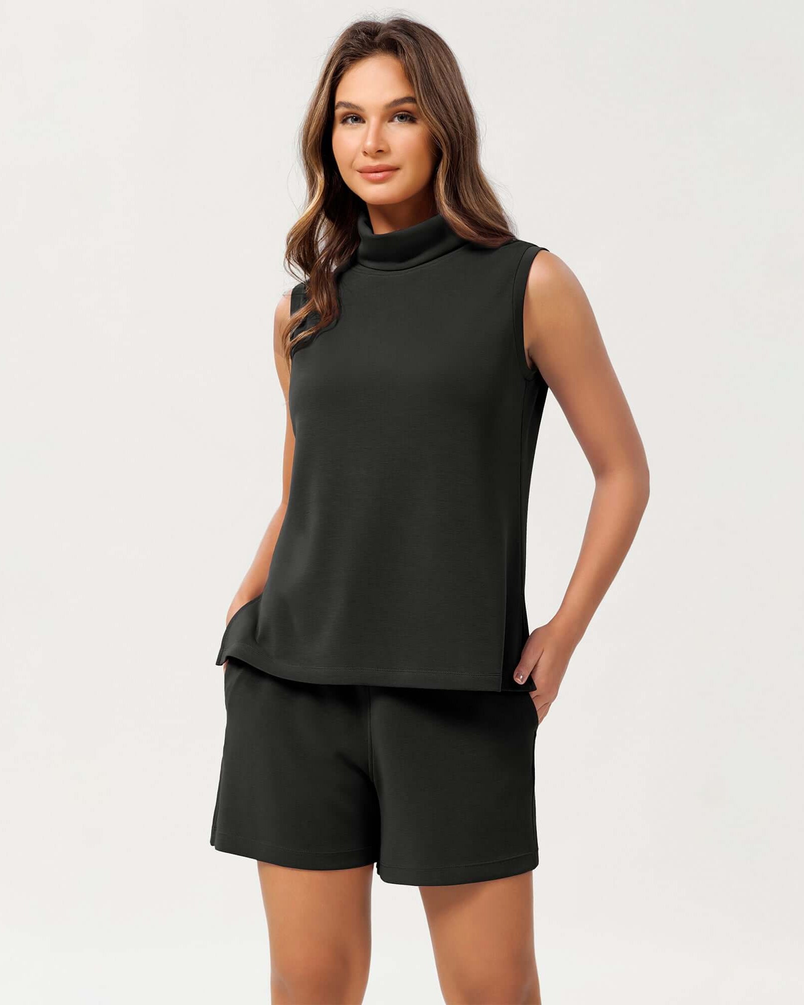 Modal Soft Casual Sleeveless Turtleneck Pullover Tops Black - ododos