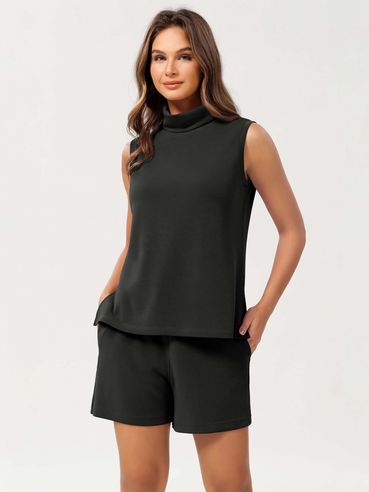 Modal Soft Casual Sleeveless Turtleneck Pullover Tops Black - ododos