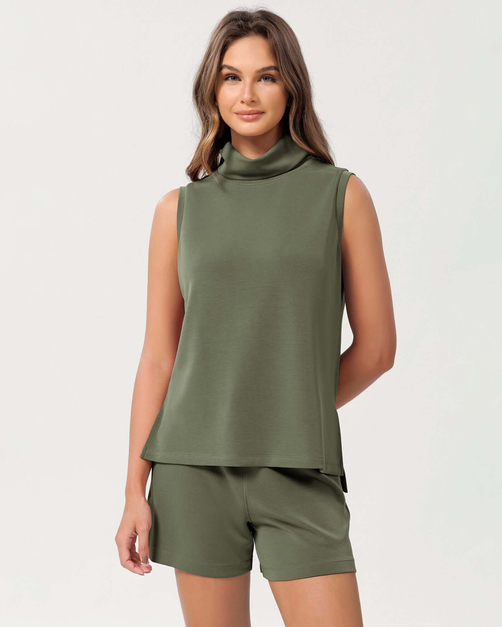 Modal Soft Casual Sleeveless Turtleneck Pullover Tops Dark Sage - ododos