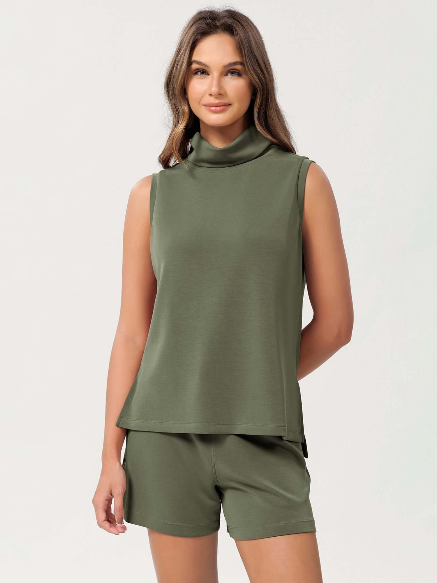 Modal Soft Casual Sleeveless Turtleneck Pullover Tops Dark Sage - ododos
