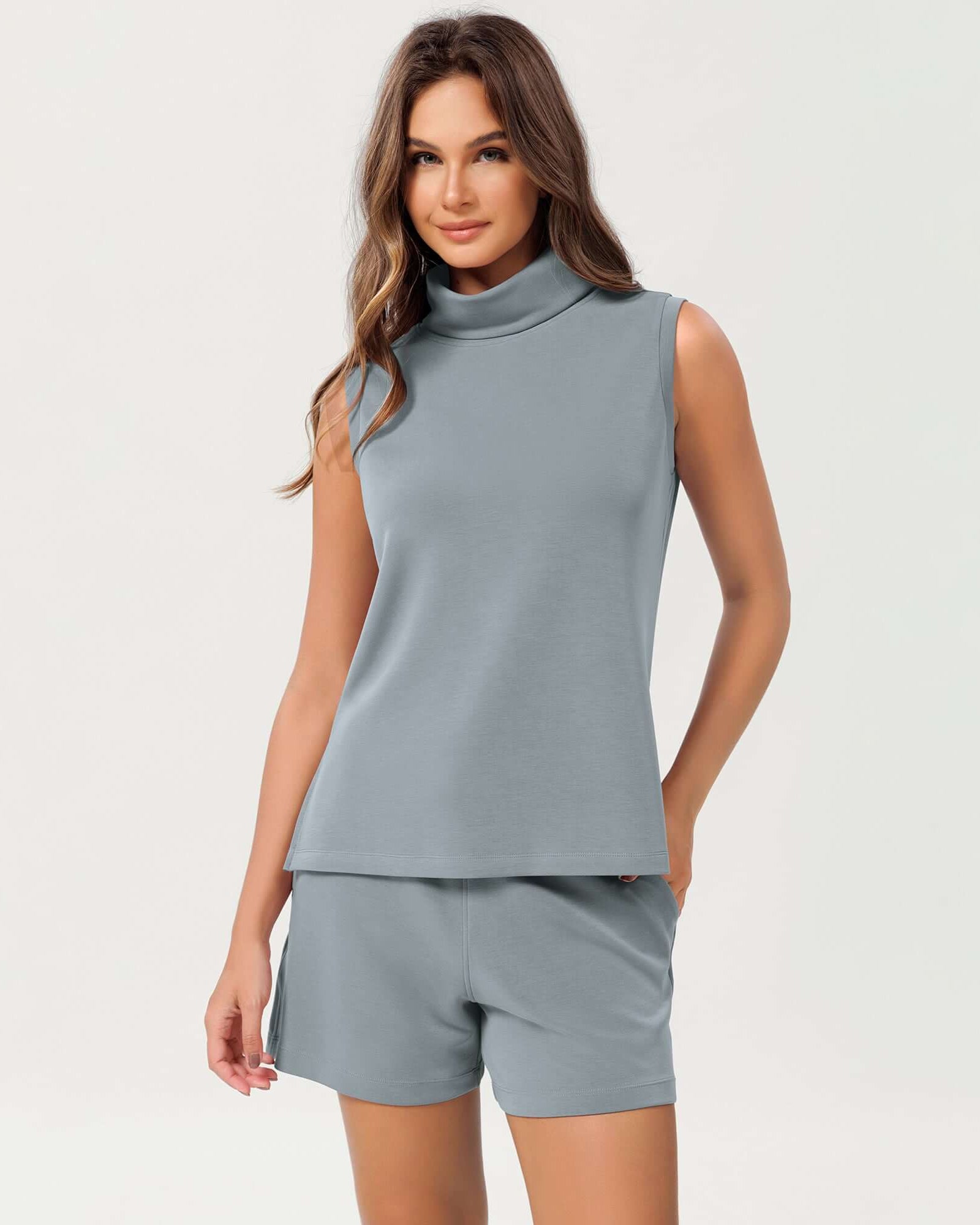 Modal Soft Casual Sleeveless Turtleneck Pullover Tops Grey Blue - ododos