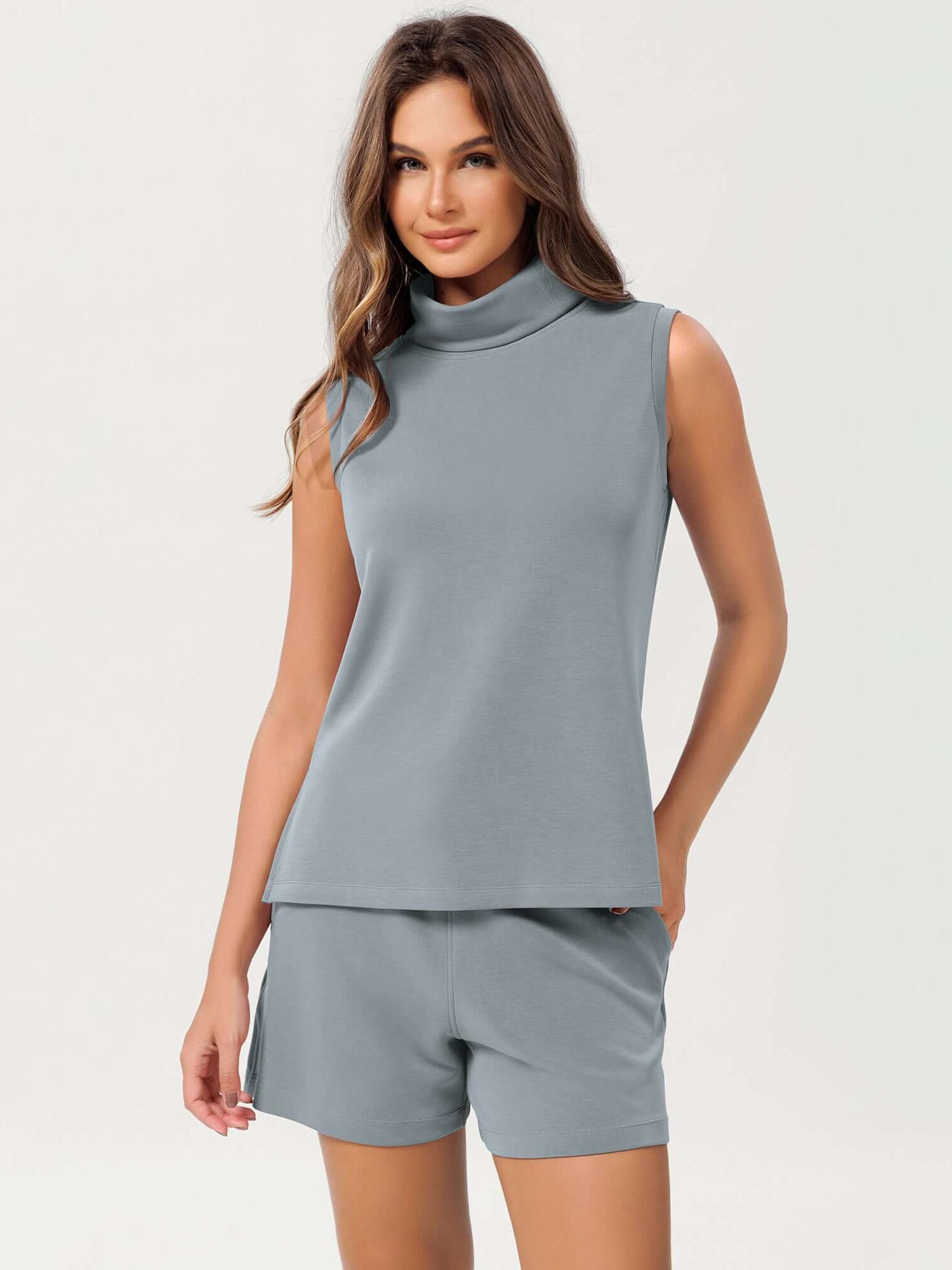 Modal Soft Casual Sleeveless Turtleneck Pullover Tops Grey Blue - ododos