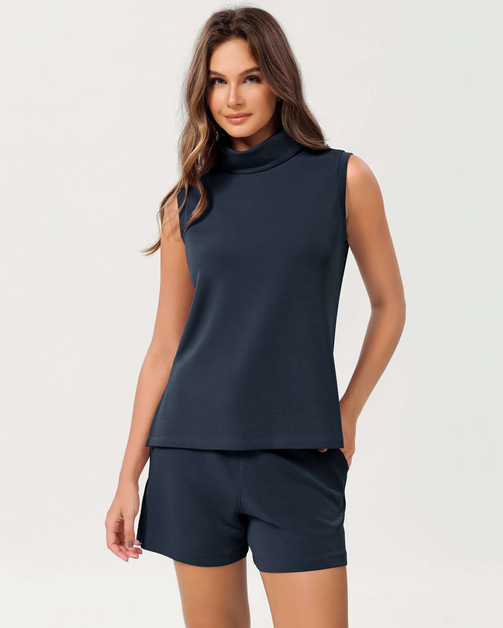 Modal Soft Casual Sleeveless Turtleneck Pullover Tops Navy - ododos