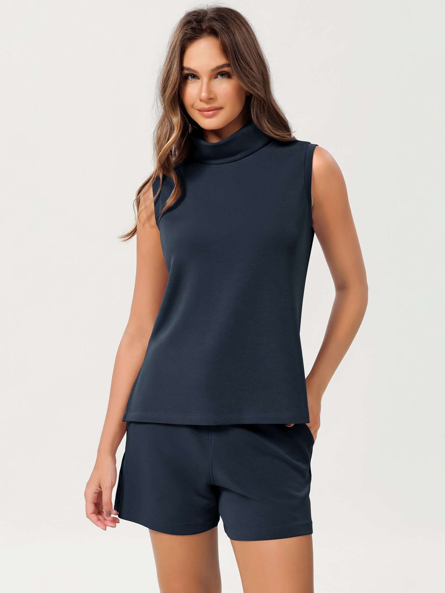 Modal Soft Casual Sleeveless Turtleneck Pullover Tops Navy - ododos