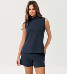 Modal Soft Casual Sleeveless Turtleneck Pullover Tops Navy - ododos