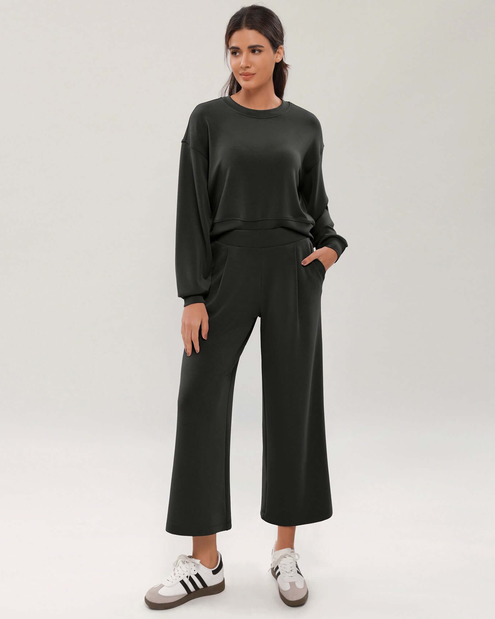 Modal Soft Wide Leg Cropped Casual Pants Black - ododos