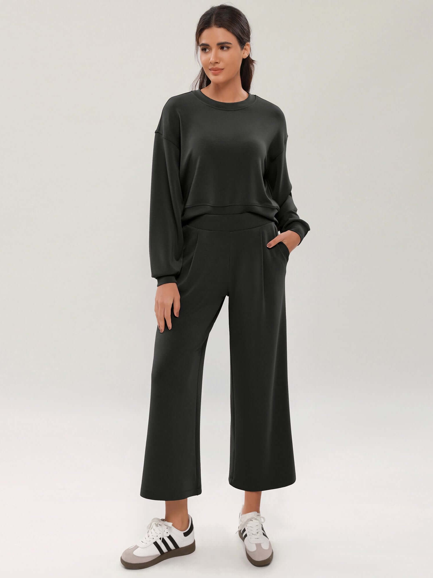 Modal Soft Wide Leg Cropped Casual Pants Black - ododos