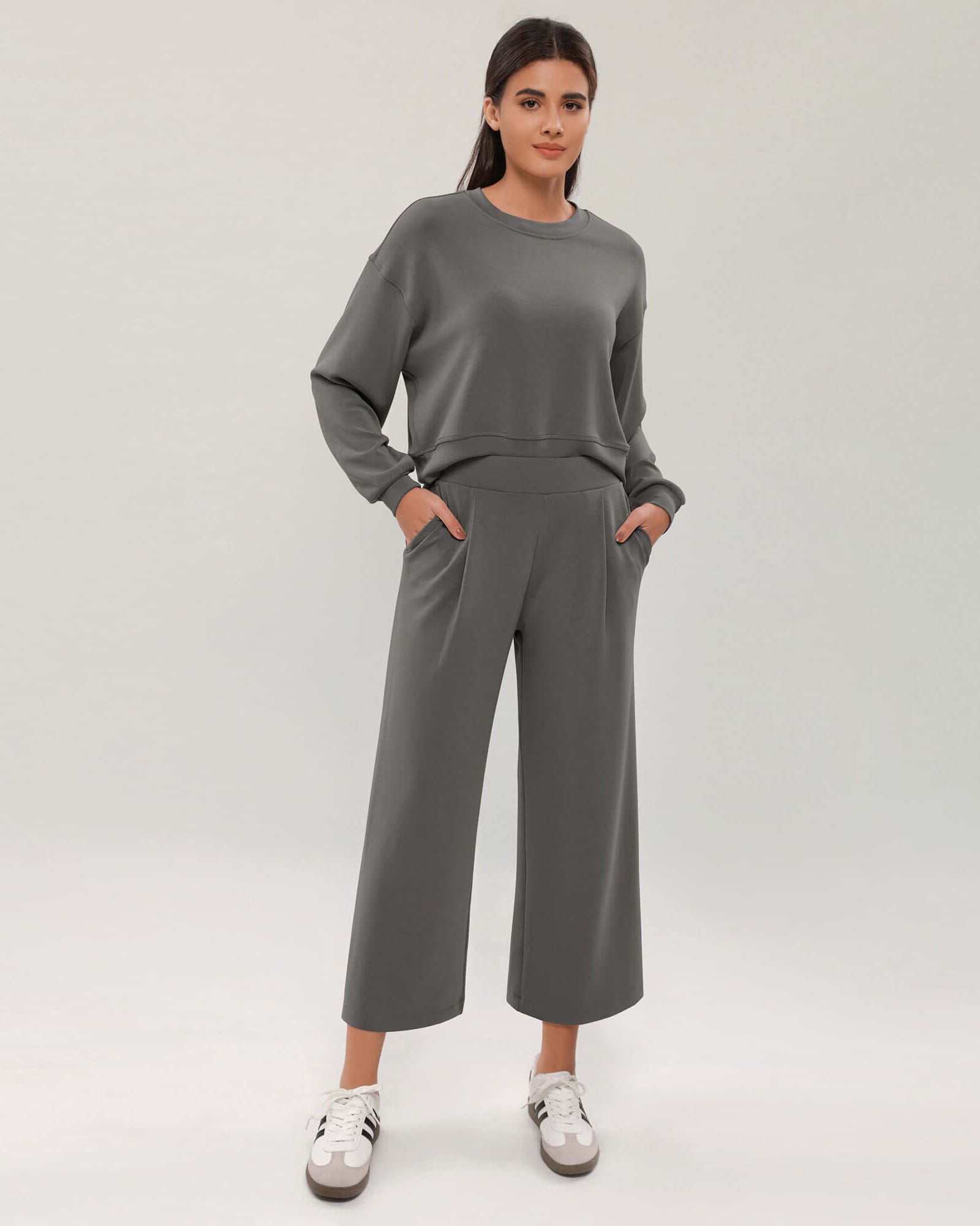 Modal Soft Wide Leg Cropped Casual Pants Charcoal - ododos