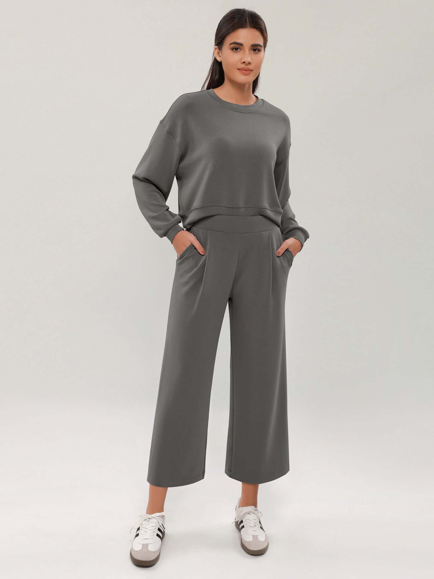 Modal Soft Wide Leg Cropped Casual Pants Charcoal - ododos