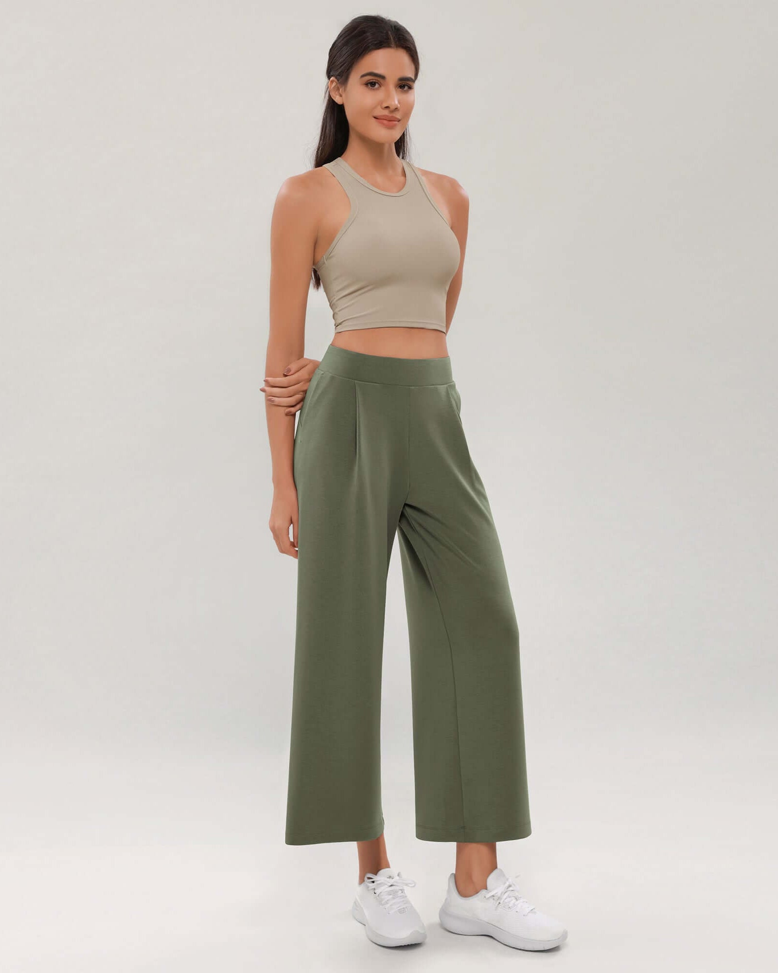 Modal Soft Wide Leg Cropped Casual Pants Dark Sage - ododos