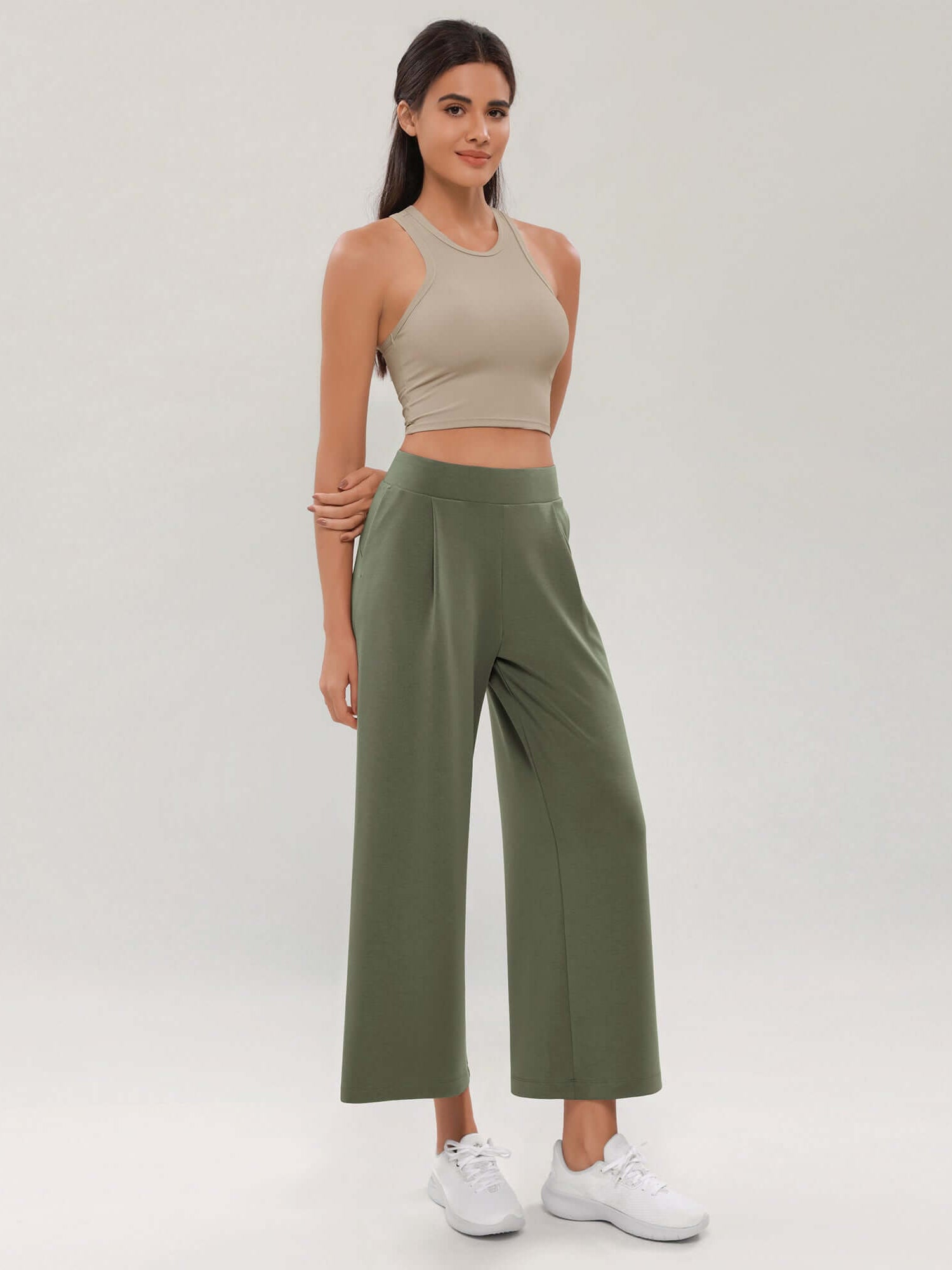 Modal Soft Wide Leg Cropped Casual Pants Dark Sage - ododos