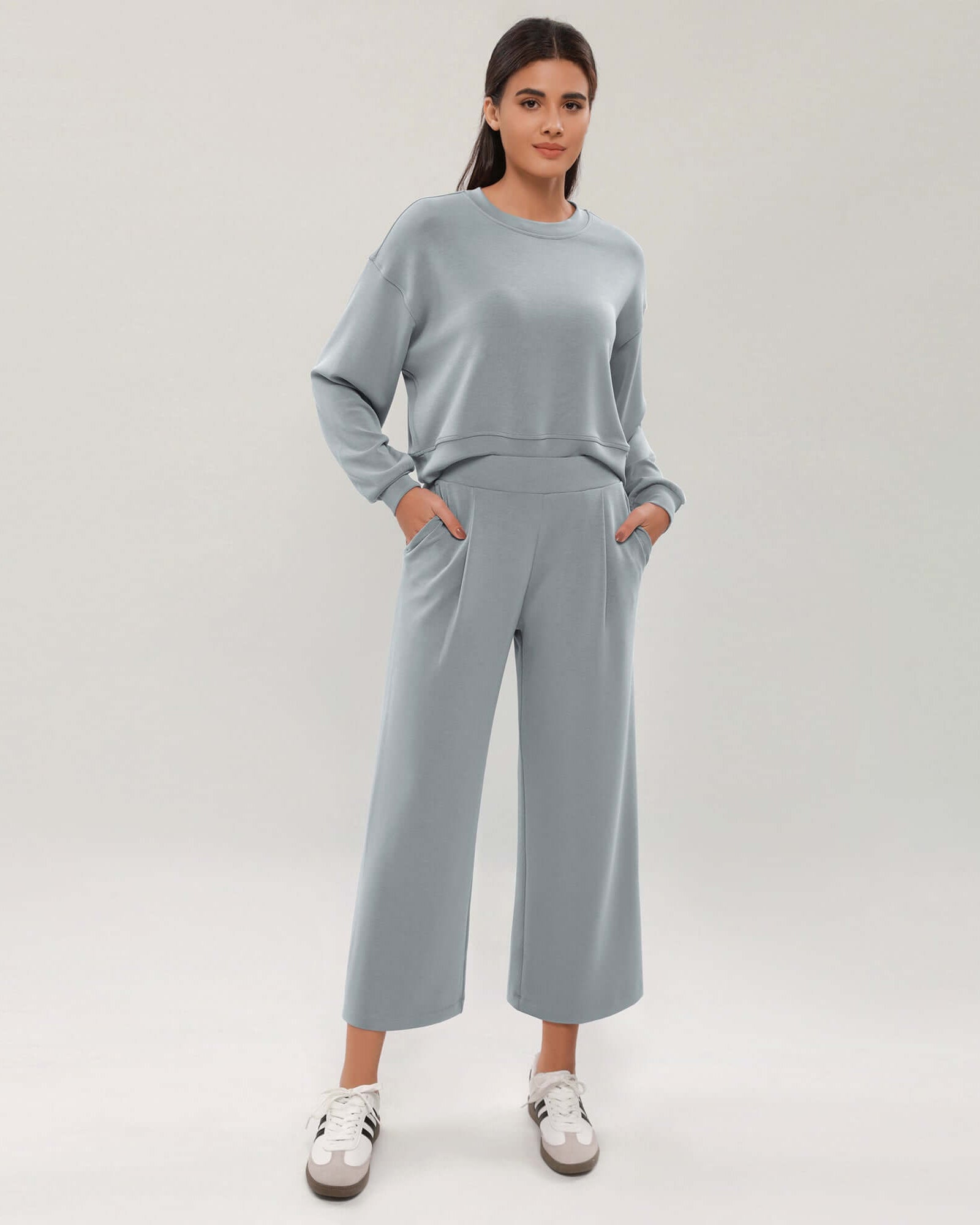 Modal Soft Wide Leg Cropped Casual Pants Grey Blue - ododos