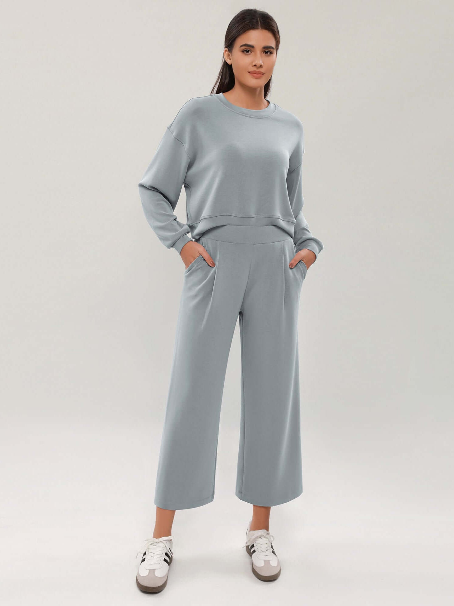 Modal Soft Wide Leg Cropped Casual Pants Grey Blue - ododos