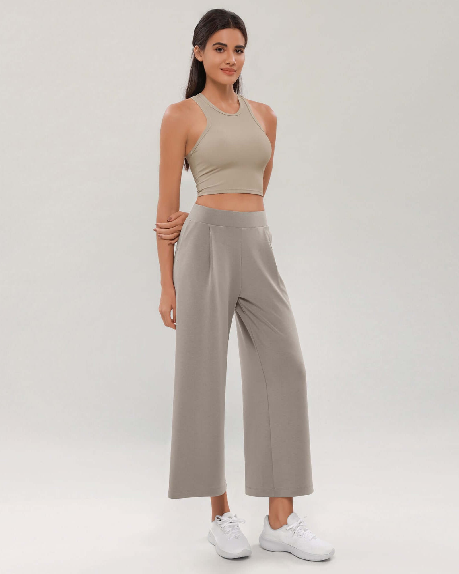 Modal Soft Wide Leg Cropped Casual Pants Khaki - ododos