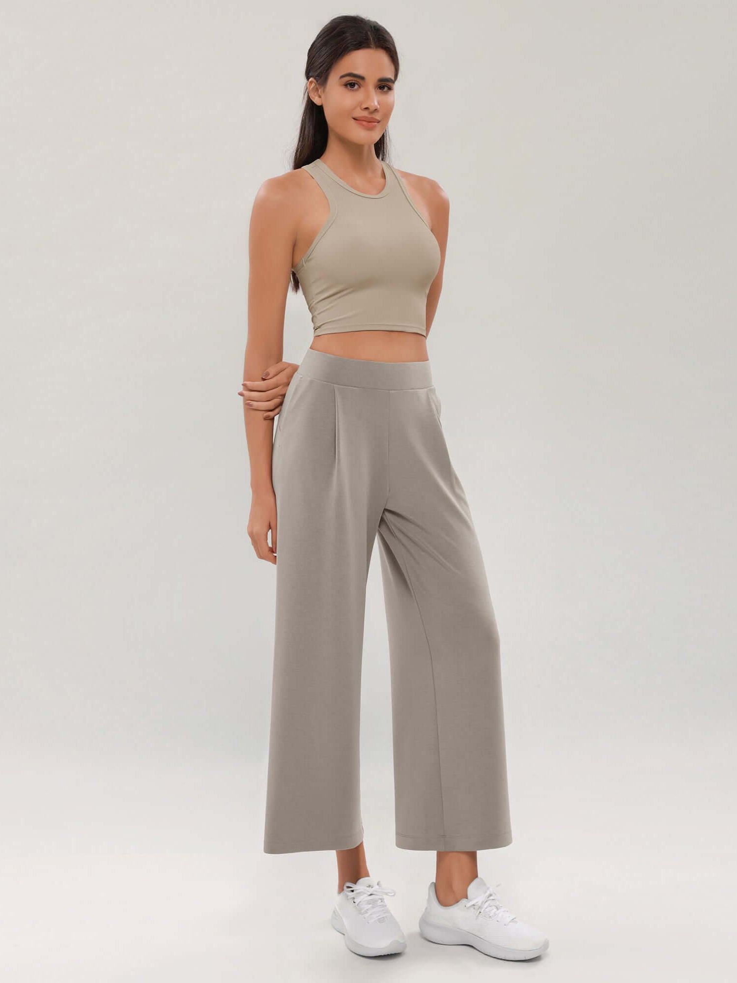 Modal Soft Wide Leg Cropped Casual Pants Khaki - ododos