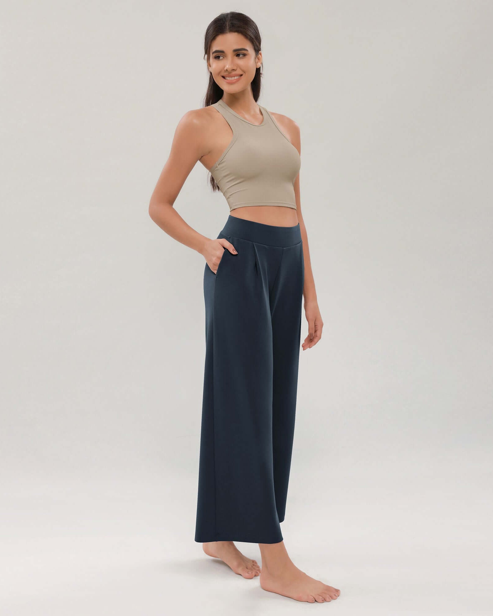 Modal Soft Wide Leg Cropped Casual Pants Navy - ododos