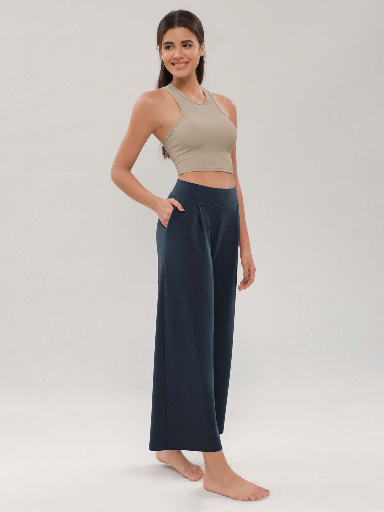 Modal Soft Wide Leg Cropped Casual Pants Navy - ododos