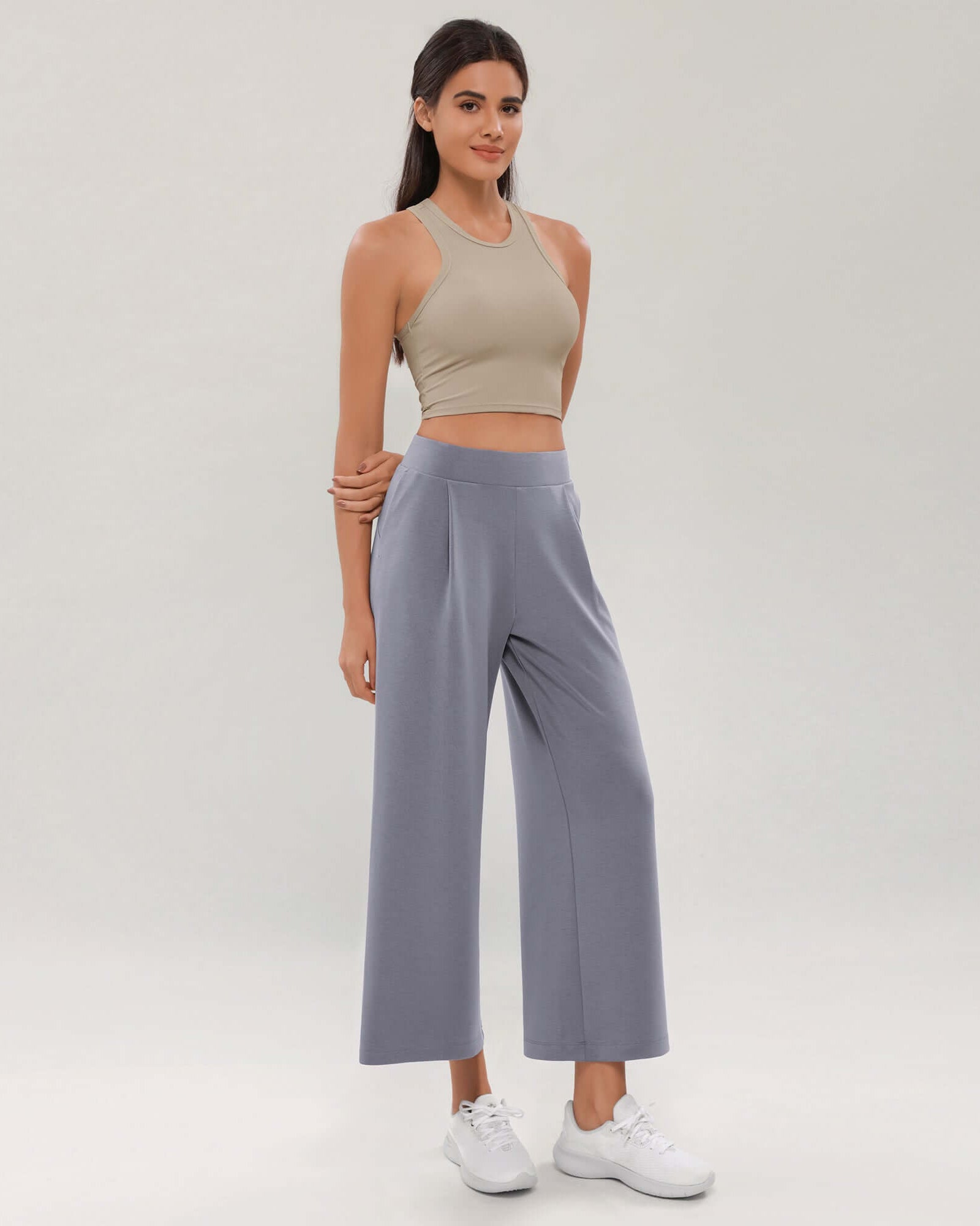 Modal Soft Wide Leg Cropped Casual Pants Purple Gray - ododos