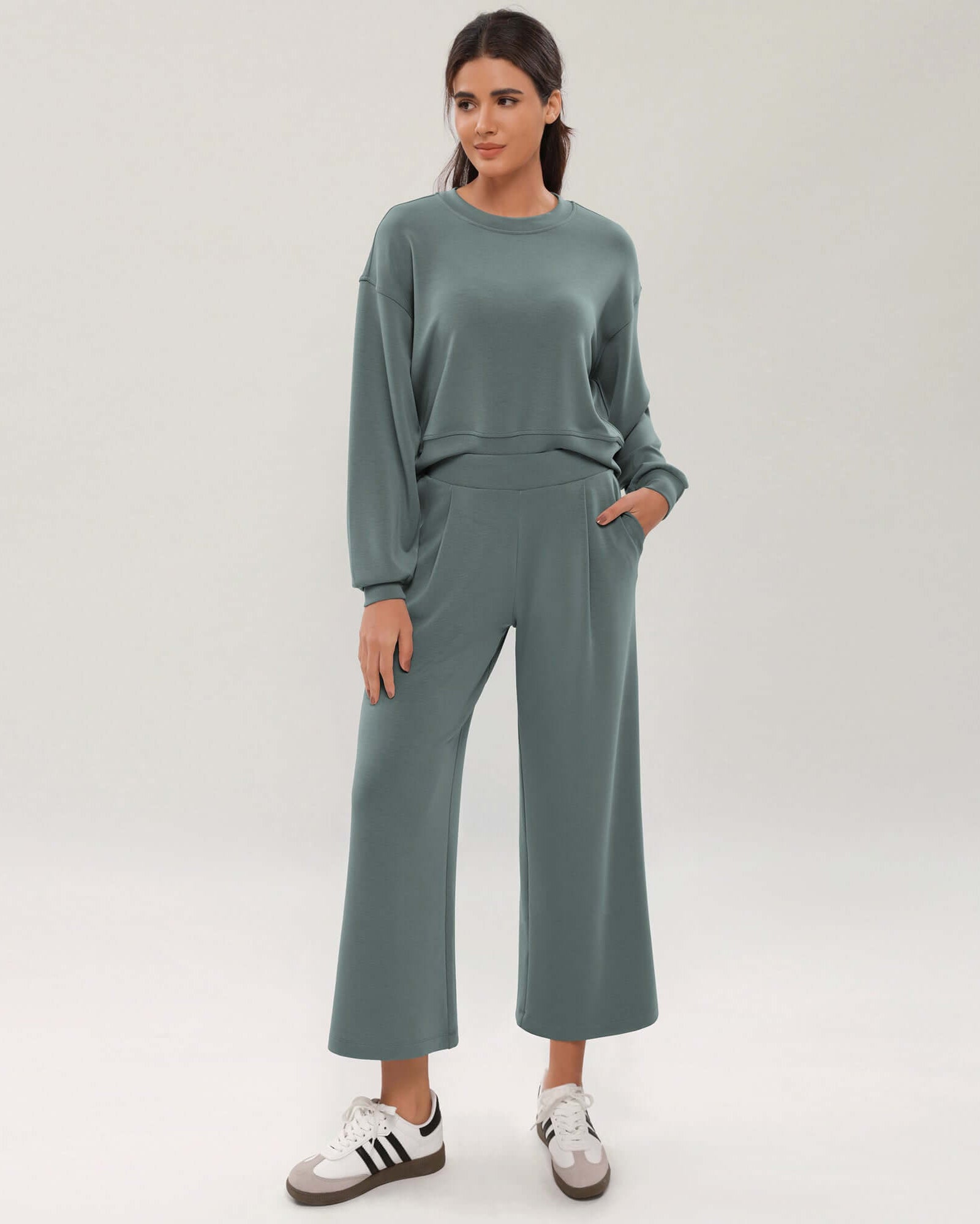 Modal Soft Wide Leg Cropped Casual Pants Slate Green - ododos