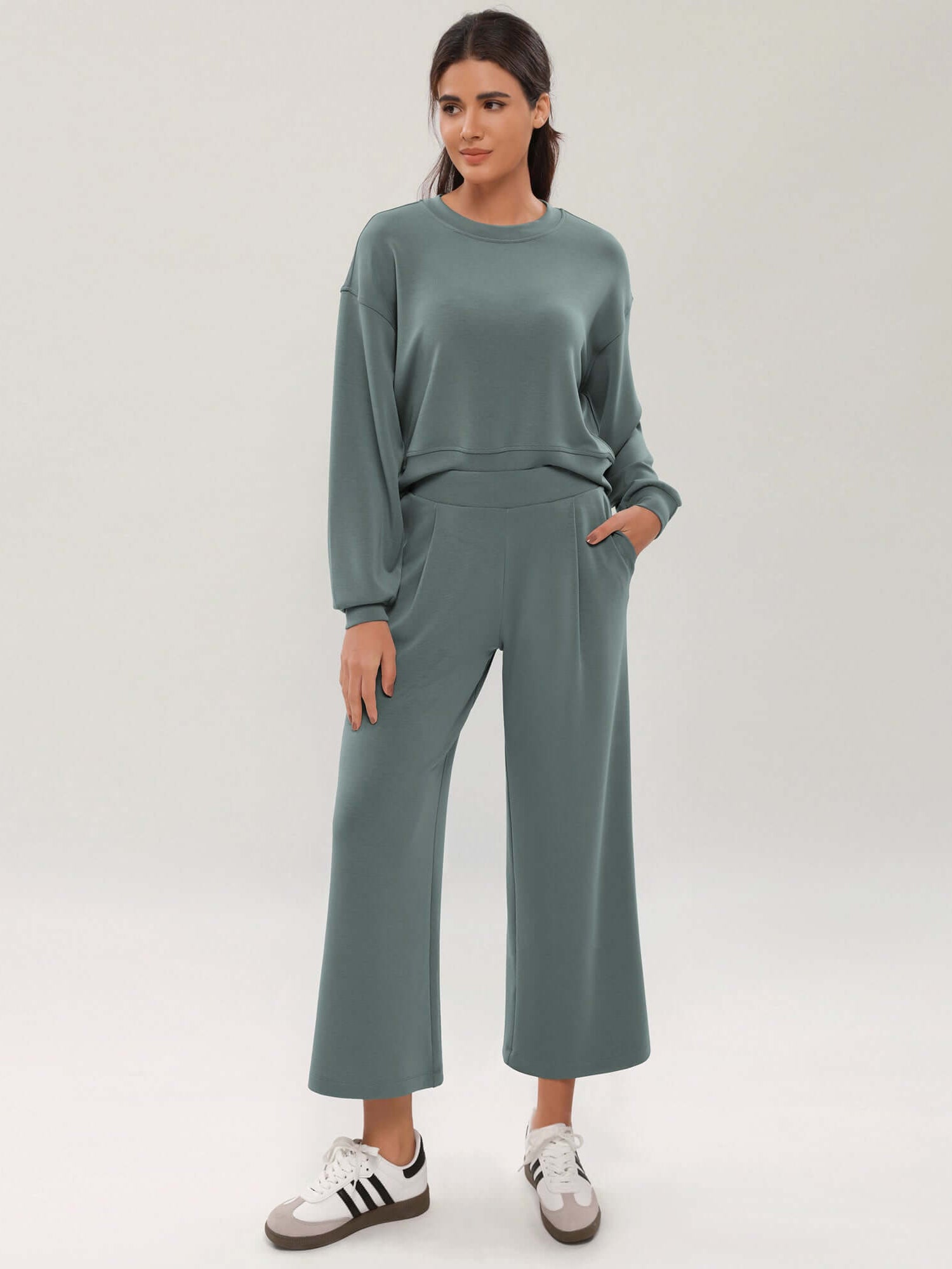 Modal Soft Wide Leg Cropped Casual Pants Slate Green - ododos