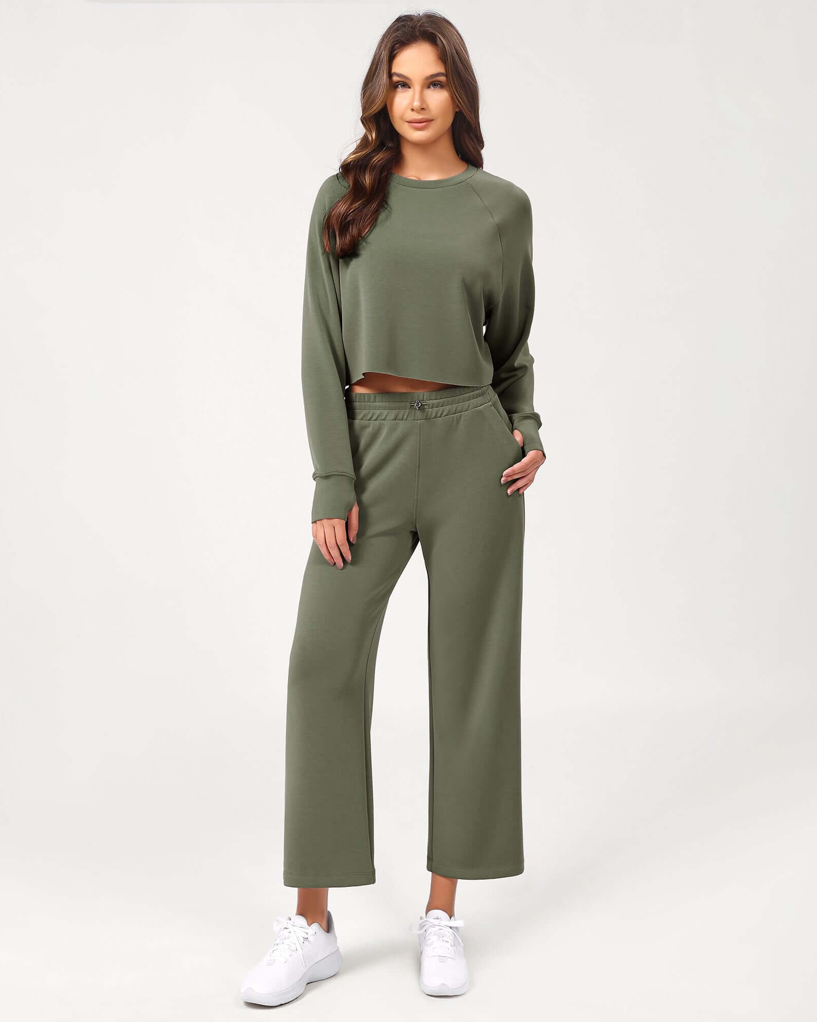 25 Adjustable Shockcord High Waist Casual Lounge Pants with Pockets Dark Sage - ododos